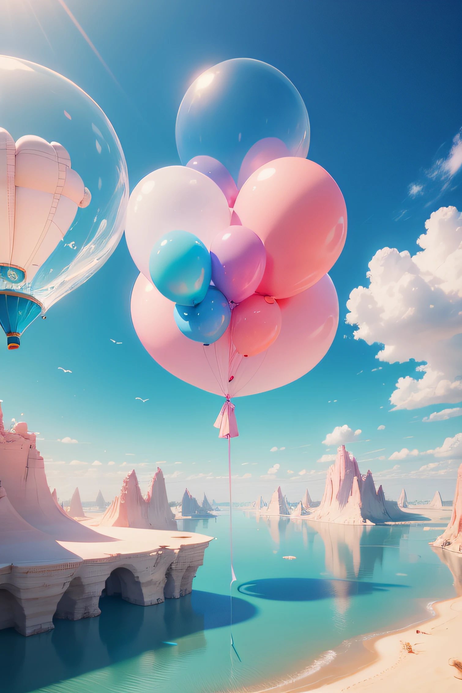 Light pink dream sky、lands、Water and desert ,Powder blue balloons suspended in the air,Surreal 3D landscape, fantasy,Soft and bright, Low viewing angle,the background is clean,C4D,Studio lighting,Hyper-detailed,8k