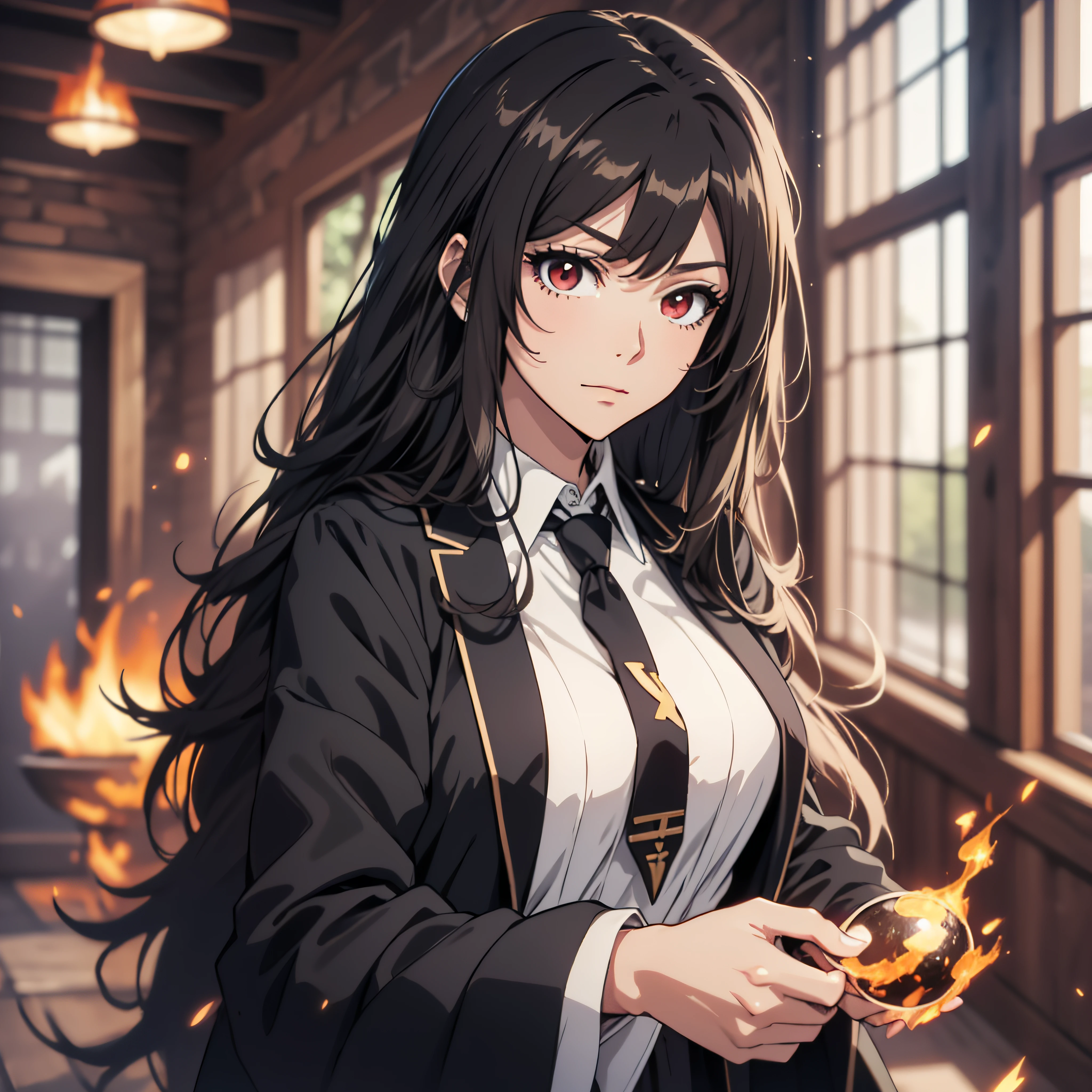(ultra-detailed, perfect pixel, highrest, best quality), 20 years old Anime girl, smooth anime artstyle, long raven hair, slightly wavy hair, parted bangs, black hair, gradient hair color, Magus, ((red eyes)), detailed eyes, beautiful eyes, long black coat, white shirt, ((neckwear, long tie)), black skirt, aristocrat, noble attire, beautiful, ethereal, elegant, prestigious, indoor, particle effect, smooth smoke effect, fire flame, lightning, magic light, standing, looking at viewer