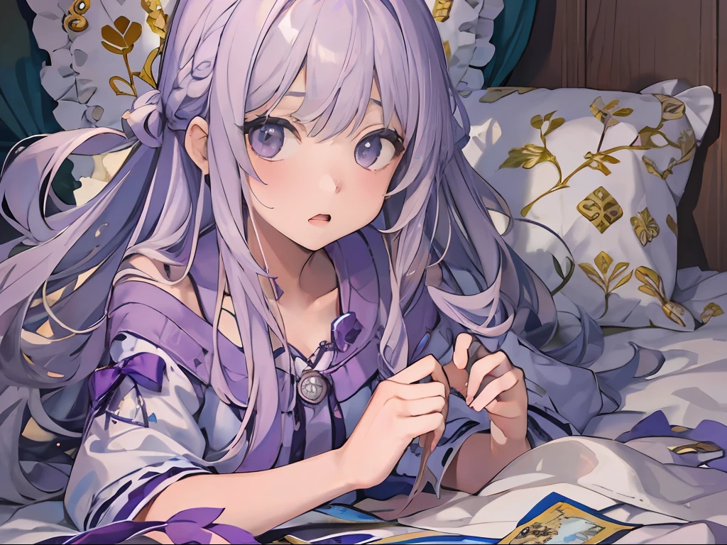 Best quality, tmasterpiece, A ,Long light purple hair and purple eyes,Sitting on a shabby bed covered with a thick quilt,Confused and surprised expressions