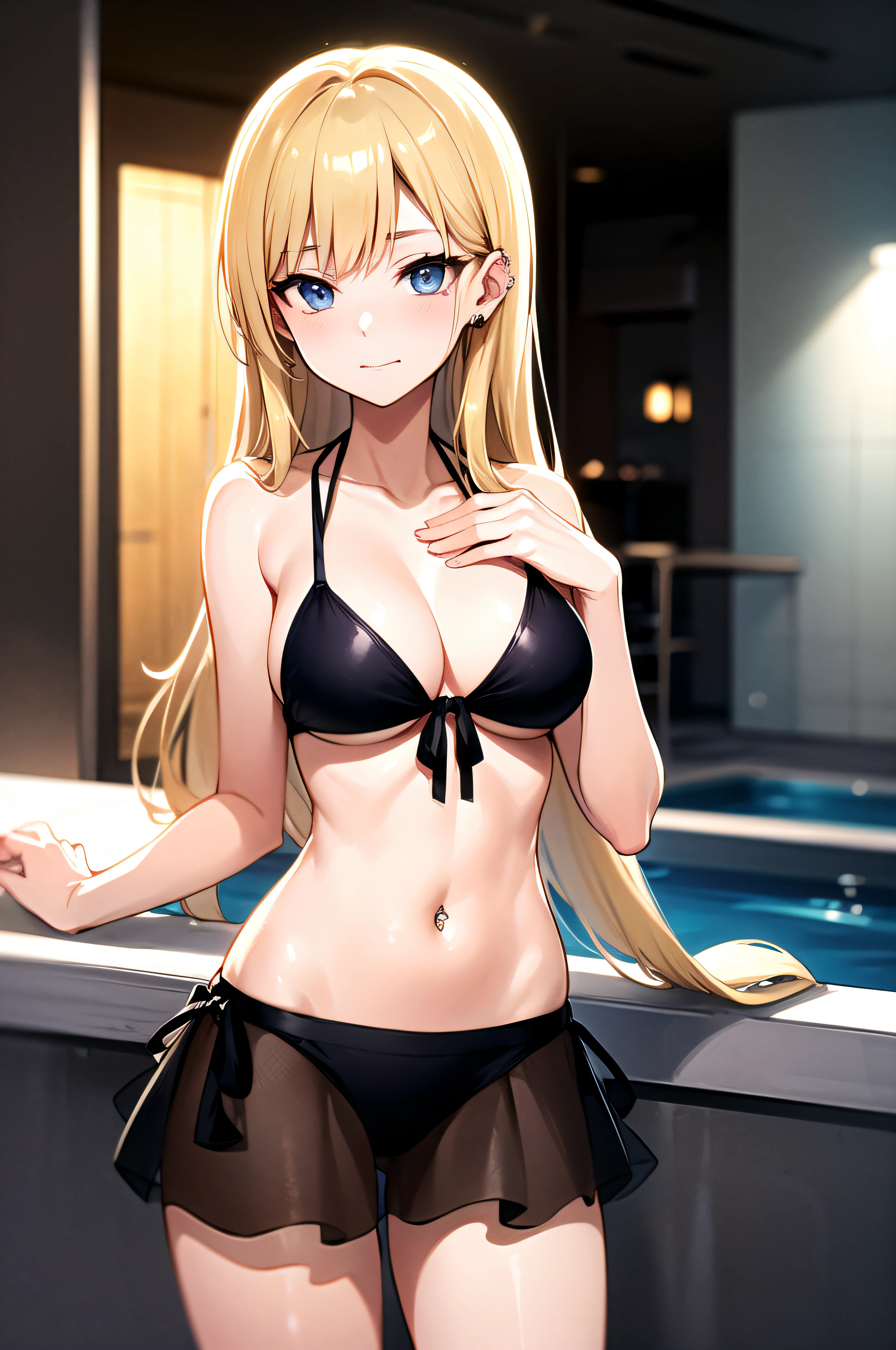 realisitic、top-quality、 1 人、a blond、Natural eye color、piercings、Shy face、Fancy Bikini、front-tie bikini top、beautiful boob 、Dark night pool、Particles of light、profetional lighting、wall-paper、