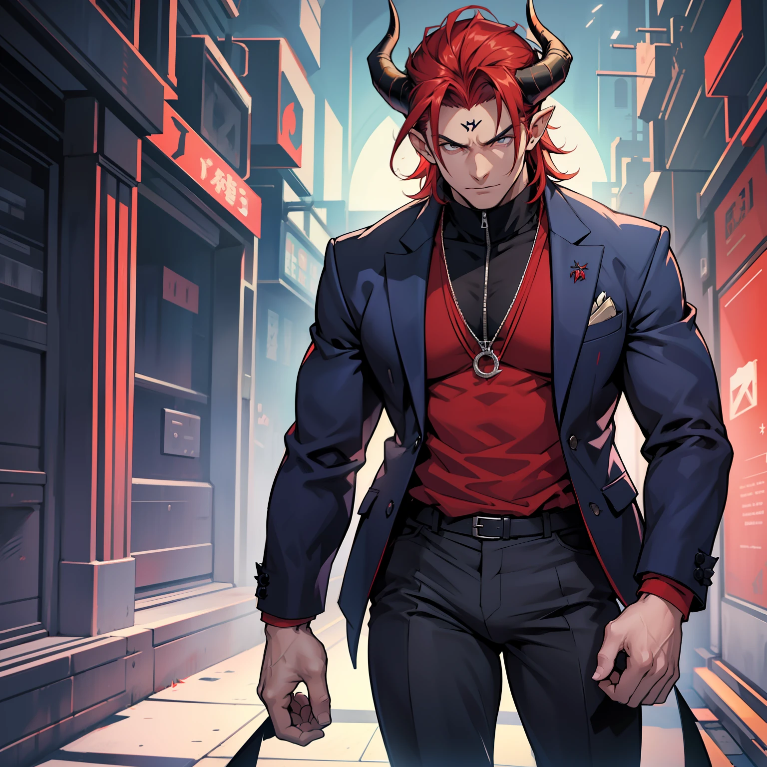 The demonic individual finally came all the way out of the portal. It was a male, and he looked about their age. He seemed arrogant and pompous. His hair was red with a hint of crimson and he had a pair of horns emerging from his forehead. He wore a navy blue jacket and black pants. Bara, big bulge in pants