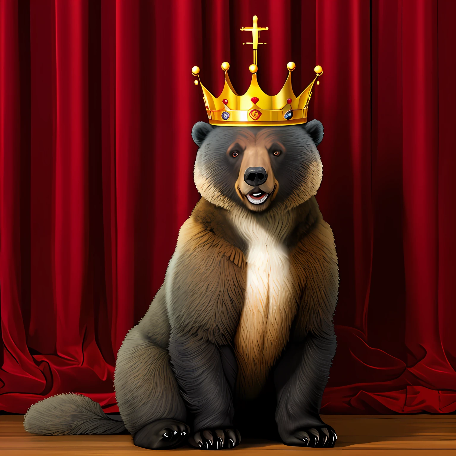 A bear wears a crown