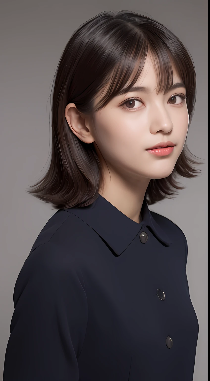 1girl,Beautiful vintage colors, Instagram (Photorealistic, High Resolution:1.4), ((Puffy Eyes)), View Audience, , Full Body (8k, RAW Photography, Best Quality, Masterpiece: 1.2), (Realistic, Photorealistic: 1.37),(Sharp Focus:1.2), Professional Lighting, Photon Mapping, Radiosity, Physically Based Rendering, (Pale Skin: 1.2),(Small:1.2), Watch Viewer, (Medium Hair:1.5), Portrait, Purple Eyes, (Sliver Hair:1.1),Bangs, (Simple Background: 1.4), Solo, Upper Body, Realistic, (Masterpiece: 1.4), (Best Quality: 1.4), (Glossy Skin), Facigirl, Makeup, Smile (Skinny, Closed Mouth, Shy: 1.3), ( standing, black stewardess uniform, necromancer: 1.1), medium bust, sexy pose,