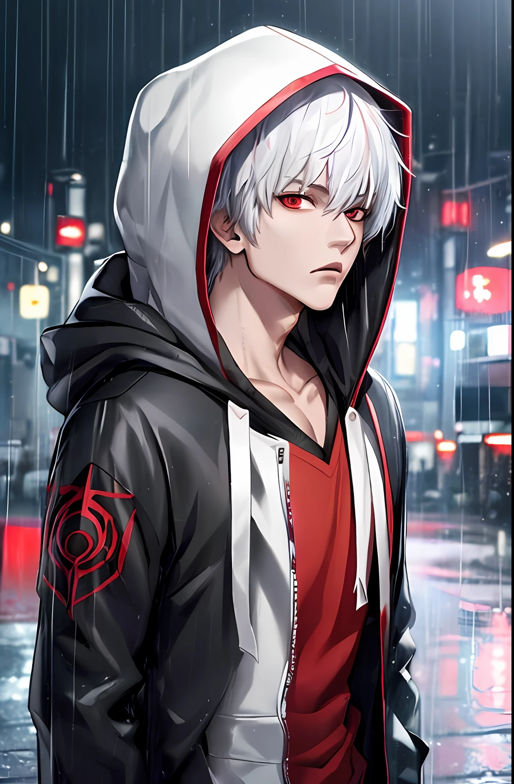 kk, best quality, more details, masterpiece, 1boy, kaneki ken, portrait, male focus, red eyes, solo, bangs, looking at viewer, hood, short hair, rain, tokyo tokyo \(city\), hood up, nail polish, white hair, luxurious, 8k, detailed, ray tracing, depth of field, cinematic lighting,