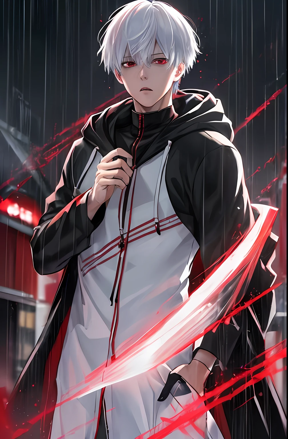 kk, best quality, more details, masterpiece, 1boy, kaneki ken, portrait, male focus, red eyes, solo, bangs, looking at viewer, hood, short hair, rain, tokyo tokyo \(city\),  hood up, nail polish, white hair, luxurious, 8k, detailed, ray tracing, depth of field, cinematic lighting,