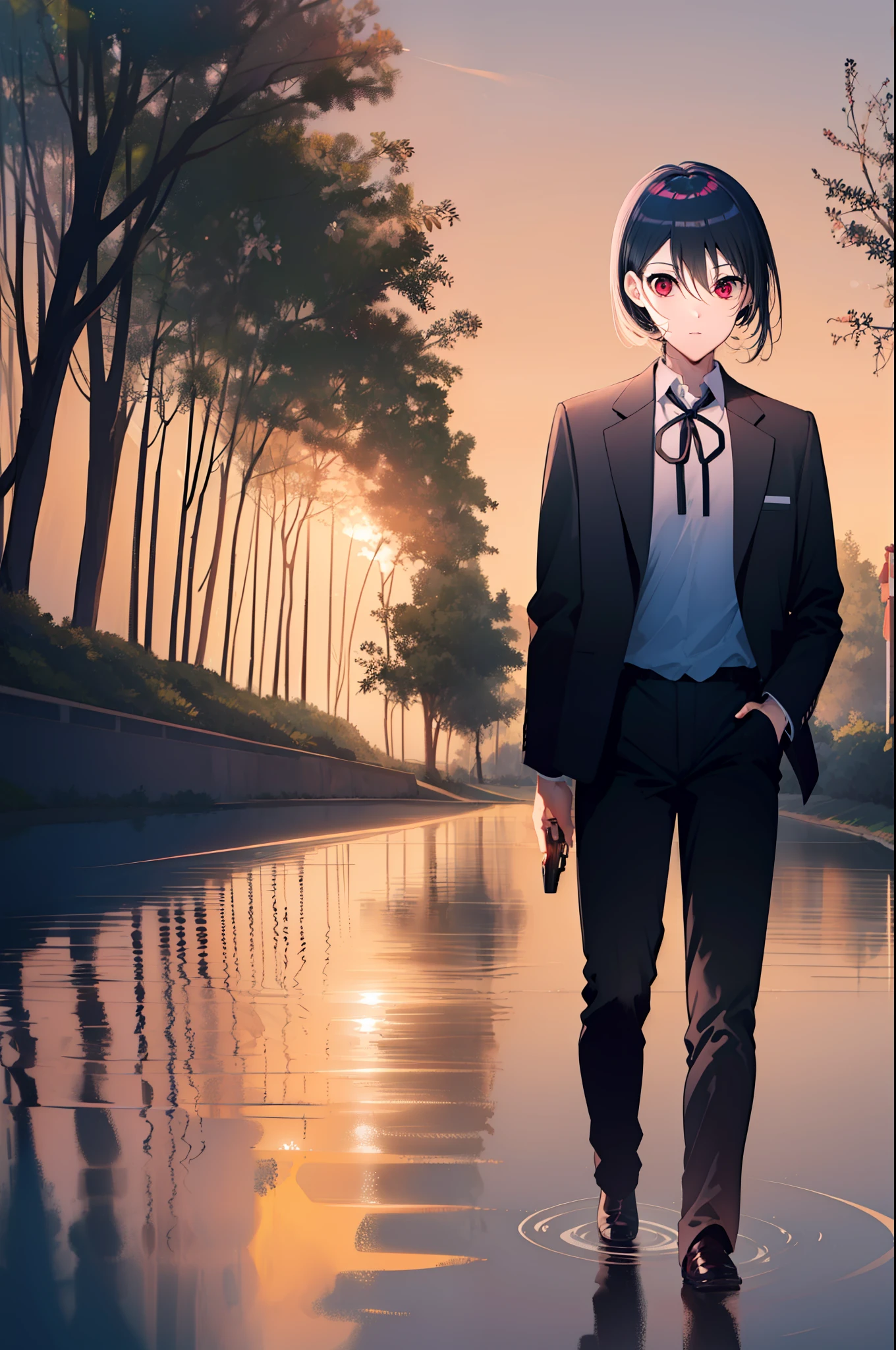 ((Primary work)), ((melhor qualidade)), High, (((((He has a pistol in his right hand holding it correctly to shoot)))))), (((A boy with short black hair and red eyes))), ((((There is only one person)))), Kiyotaka Ayanokuji, ((((adolescente de 15 anos)))), (((men's school uniform white shirt black jacket open jacket long black pants))), ((Olhos vermelhos))), (((((cabelo preto curto))))))), ((corpo inteiro anatomicamente correto)), pernas normais, ((usa sapatos pretos)), ((He has a scared face and confusion)), ((Detailed full scenario)), ((mystery)), ((horror)), ((Tempo tenso)), Postura equilibrada, blush sutil, Pingente de cristal BREAK golden hour, (Rim lighting): 1.2, tons quentes, Brilho solar, sombras suaves, cores vibrantes, painterly effect, dreamy atmosphere BREAK scenic lake, montanhas distantes, salgueiro, calm water, reflection, nuvens iluminadas pelo sol, Tranquil setting, idyllic sunset, Ultra Detalhado, Arte Oficial, Unity 8k papel de parede, Zentangle, mandala