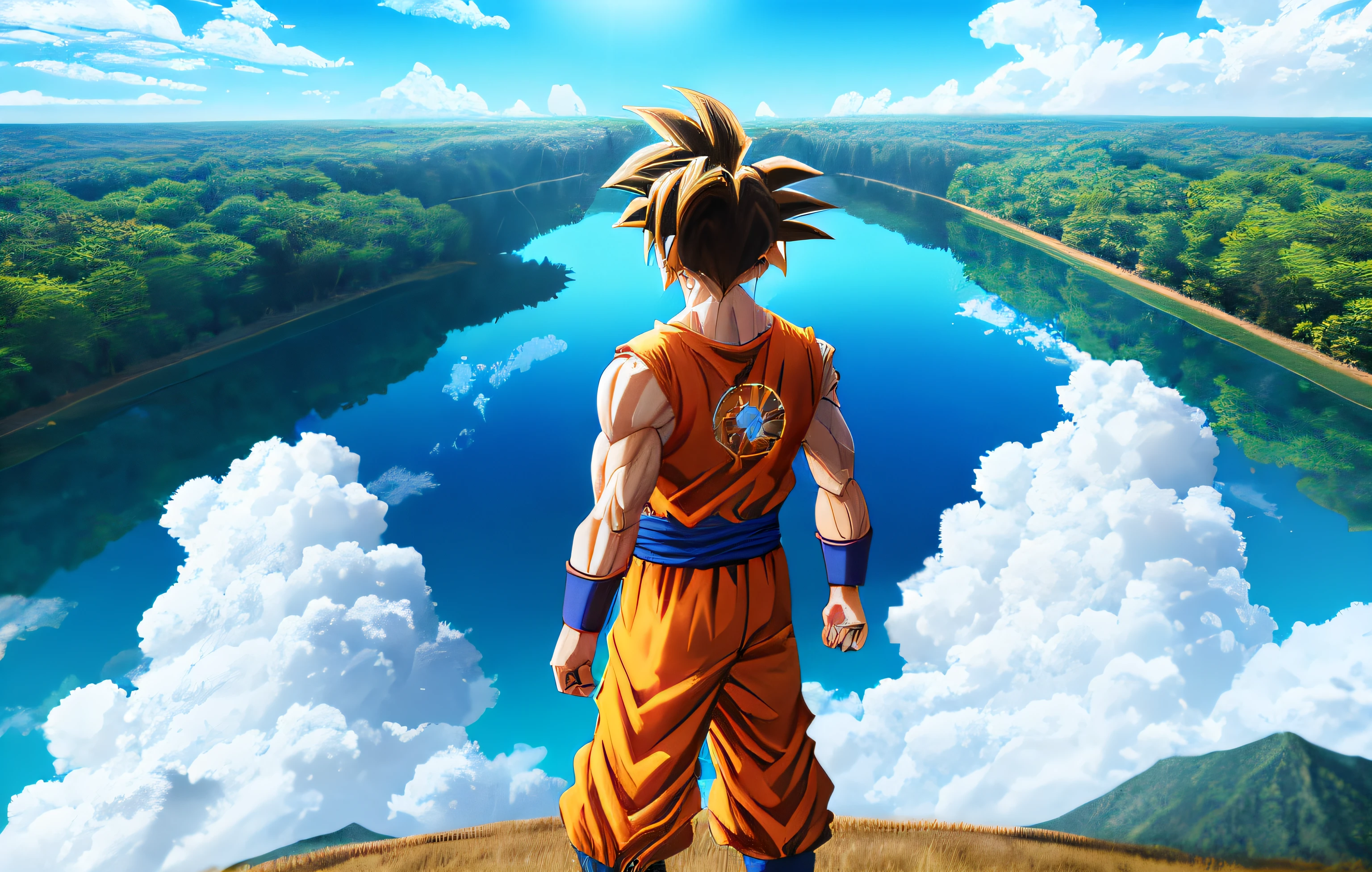 Make Goku Super Sayajin Strong. com a paisagem de fundo de floresta, aldeia , sky and clouds