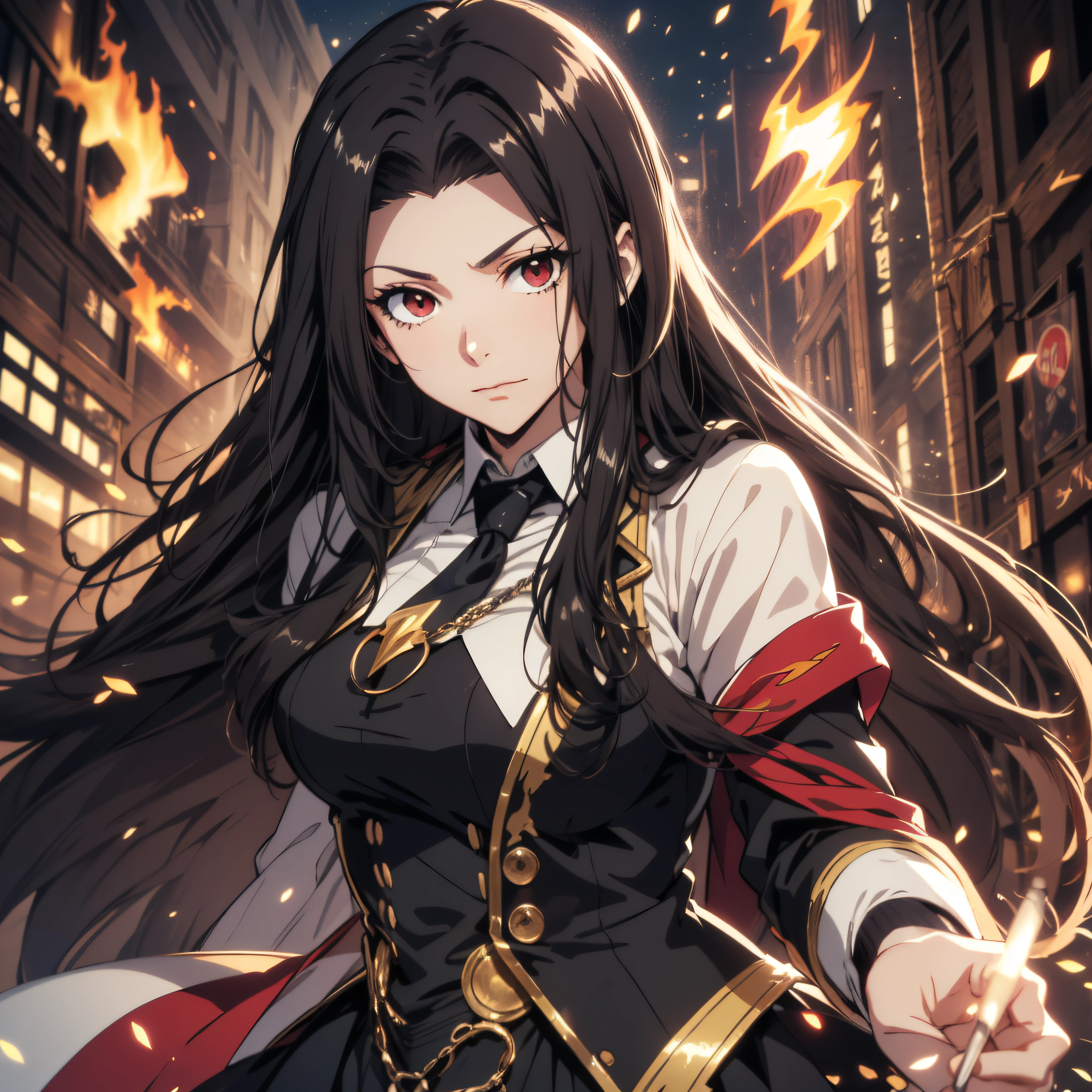 (ultra-detailed, perfect pixel, highrest, best quality), 20 years old Anime girl, smooth anime artstyle, long raven hair, slightly wavy hair, parted bangs, black hair, gradient hair color, Magus, ((red eyes)), detailed eyes, beautiful eyes, long black coat, white shirt, ((neckwear, long tie)), black skirt, aristocrat, noble attire, beautiful, ethereal, elegant, prestigious, indoor, particle effect, smooth smoke effect, fire flame, lightning, magic light, standing, looking at viewer