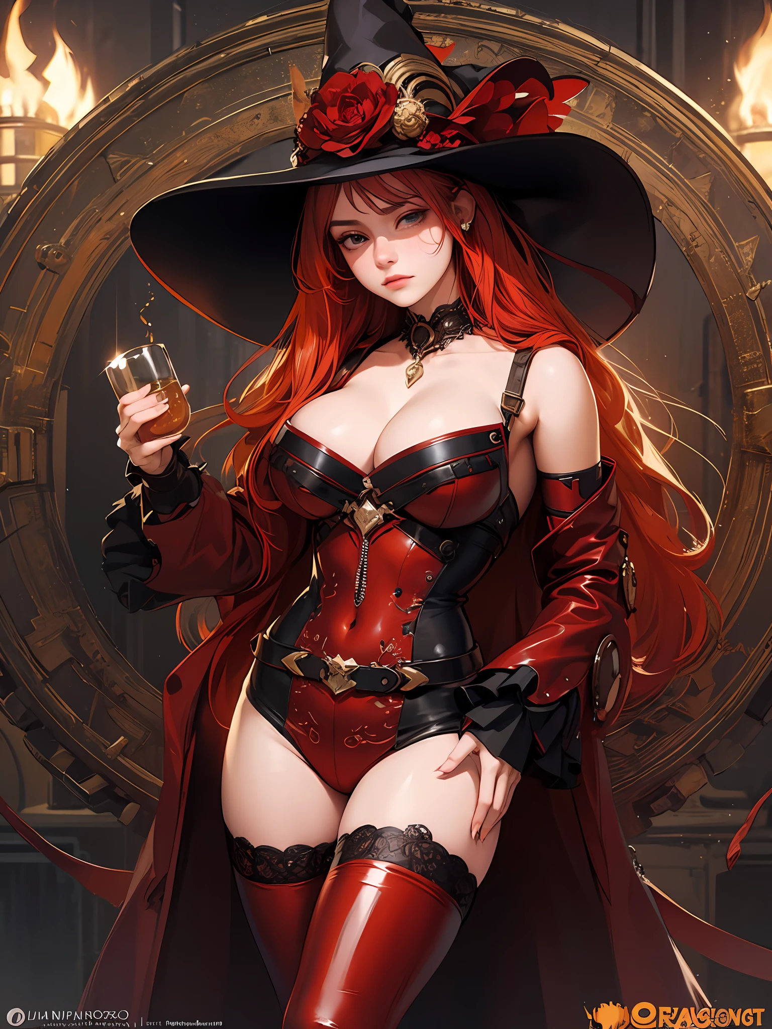 (Artwork of exceptional craftsmanship),(Detailed illustrations,(Very ideal anatomy),Very detailed and detailed drawing,Delicate lines with slow and rapid,(Realistic texture expression)),[Color tressed main line],Boiler room background [Golden Gears,Brass Pipe,[Dancing Flames]],HENTAI Anime Fire Witch (Beautiful fece) 19 years old, fiery redhead [Very long long hair] [voluminous thin chest] Thick thighs,[Clear skin, vitality],Witch's Hat Enamel Leather Suit Thigh Boots [Ruby piercings on the navel] [[Phoenix crest]] [Ruffled lace embroidery],[SteamPunk] gravure,(Perfectly proportioned),(Fine and beautiful skin expression [realistic skin detail]),[Design built to the highest level,[Advanced structural understanding of materials],Ideal color coordination],(Intricate and beautiful decoration [Dense detail]),(More on shiny hair),[Perfect hand details [Beautiful Finger]],(Beautiful perfect face [Realistic face details]),[Clear gaze],[long and beautiful eyelashes],[Perfect eye details (Eyes beautifully drawn down to the smallest detail)],(detaileds,high-detail),([Precision Detail],[multi-layer texture],HighQuality,hight resolution),[(Accurate simulation of light-material interactions),Understanding Airflow,Mechanically correct representation],[Visual art that conveys a sense of narrative] [Full body like],[[Desaturation]].