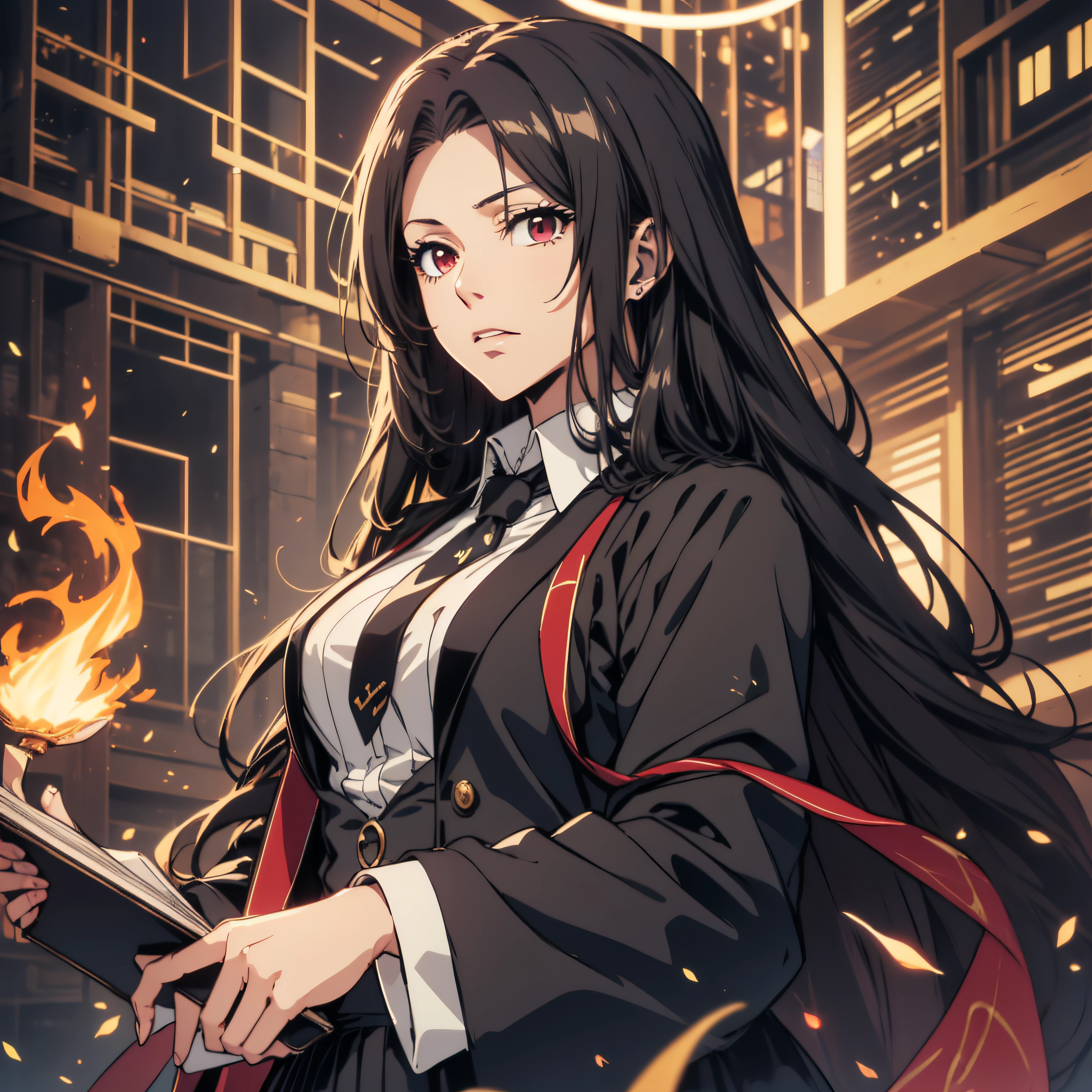 (ultra-detailed, perfect pixel, highrest, best quality), 20 years old Anime girl, smooth anime artstyle, long raven hair, slightly wavy hair, parted bangs, black hair, gradient hair color, Magus, ((red eyes)), detailed eyes, beautiful eyes, long black coat, white shirt, ((neckwear, long tie)), black skirt, aristocrat, noble attire, beautiful, ethereal, elegant, prestigious, indoor, particle effect, smooth smoke effect, fire flame, lightning, magic light, standing, looking at viewer