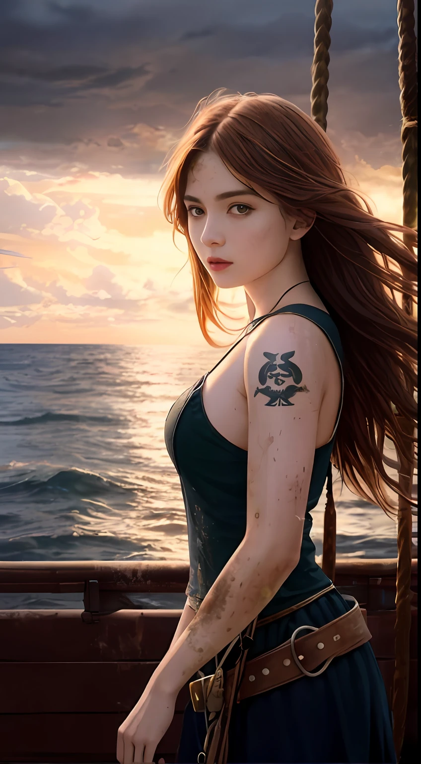 Dramatic lighting, Highest quality, film movie still, (Charming Anne Bonny, Dressed in dirty tattered pirate costumes, Stand on the deck of a pirate ship docked in a Caribbean port), grimy, Dark atmosphere, Toned body, (ripped clothing:0.8), Perfect face, view the viewer, (Detailed skin), [Tattoos], [freckle], ((Dirty)), (muddy), (dark cloude:0.7), (Stormy weather:0.5), Dull, Natural lighting, (direct light:0.4), 8mm film grain, photographed on a Sony a9 II, 24mm lens, f/2.8 aperture, Deep focus, (primitive), 8K, (Stills from《The Lost Pirate Kingdom》)