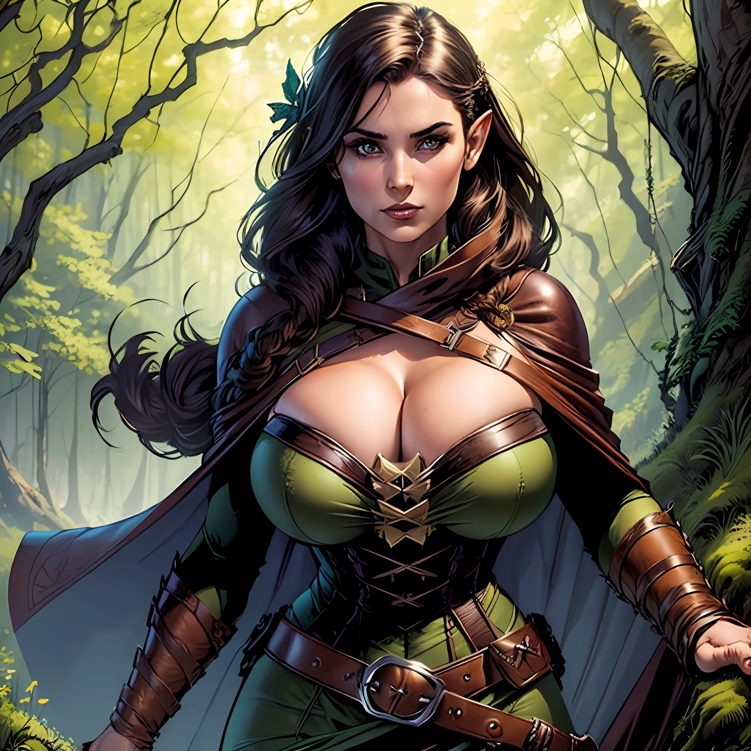 (masterpiece, top quality, best quality, official art, beautiful and aesthetic:1.2), (1girl:1.3), dark brown hair in a single braid, extremely detailed, portrait, looking at viewer, solo, (full body:0.6), detailed background, close up, cat eyes, (warm summer forest theme:1.1), (elf) ranger, charlatan, smirk, mysterious, walking in forest, revealing ranger attire, brown leather, cowl, cloak, corset, long boots, buckles, straps, pouches, bow and arrow, green fabric, brown leather, ((((gigantic breasts, cleavage, skindentation)))), slim waist, slim hips, long legs, medieval (forest exterior:1.1) background, dark mysterious lighting, shadows, magical atmosphere, dutch angle