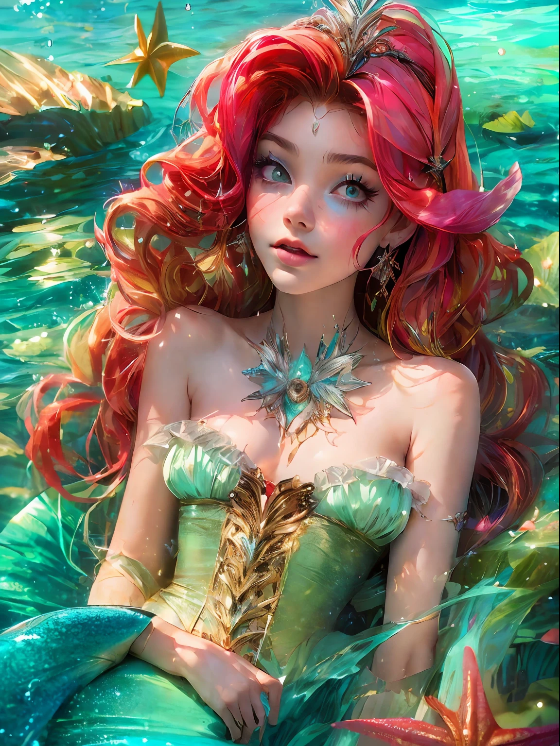 HighestQuali,tmasterpiece:1.2,Detailed details,A -yeld wo dressed up as a portrait of Ariel the Little Mermaid of Disney,exquisite facial features,She held a starfish in her hand,She sits by the sea,It's all around with bubbles