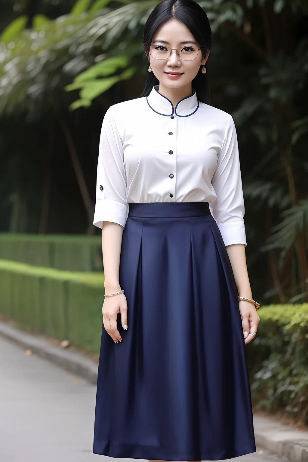 Vietnamese woman, 30 years old, white skin, black hair, glasses, long blue skirt