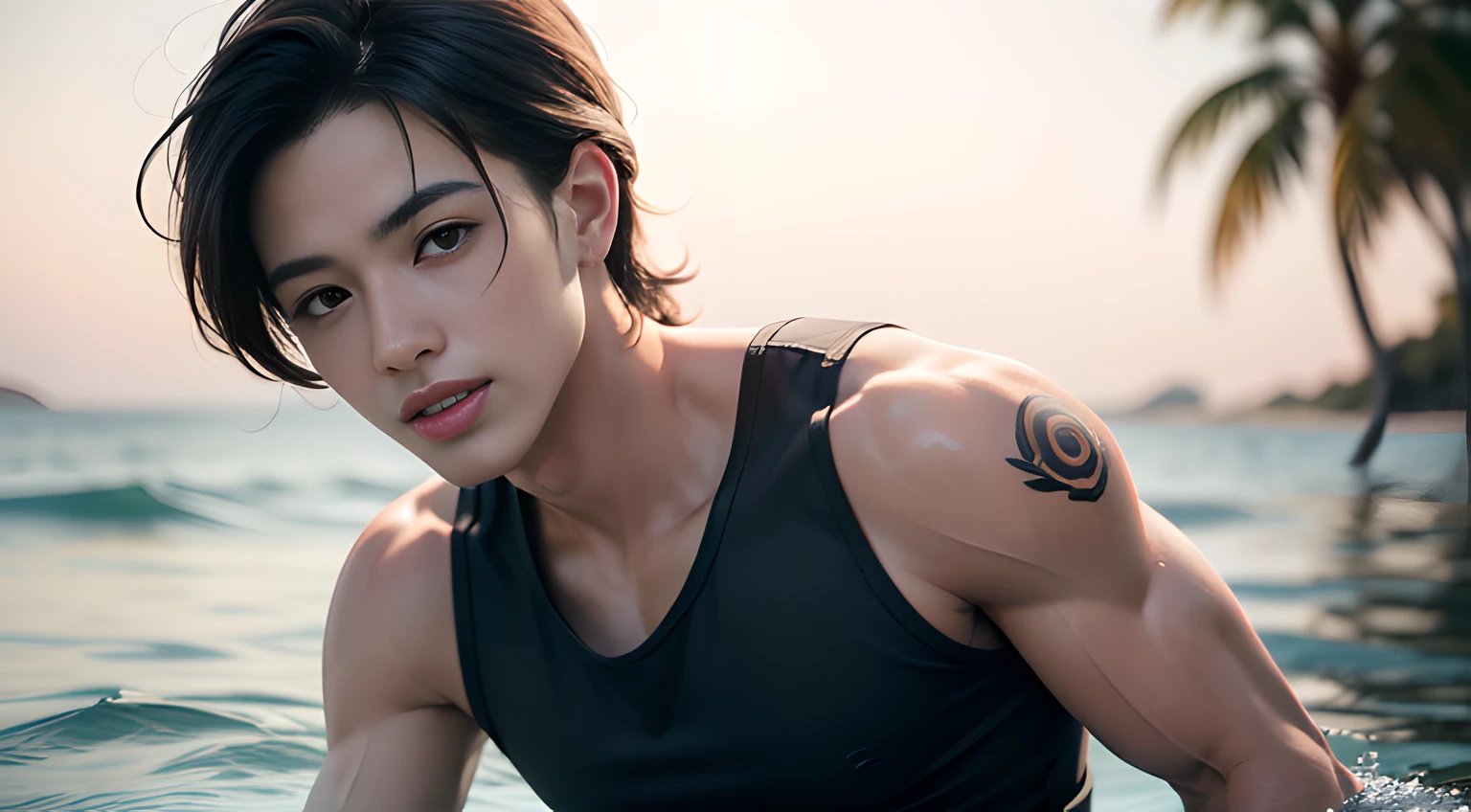 ((Men only)), (head shot), (Frontal Face), (Handsome muscular man in his 20s in white tank top floating on water), (James Rodriguez), Mischievous smile, (detaile: 1 in 1), Natural muscles, HIG quality, beautidful eyes, (Detailed face and eyes), (Face、: 1 / 2), Noise, Real Photographics、... .................................................................................................................PSD, Sharp Focus, High resolution 8K, realisitic & Professional Photography, 8K UHD, Soft lighting, High quality, Film grain, FujifilmXT3