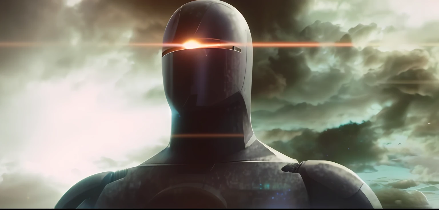 There is a man with a bright eye standing before a dark cloud, depicted as a scifi scene, de um filme 2 0 1 9 sci fi 8k, Sci - Science Fiction Movie Still, ele tem um brilho vindo dele, 2 0 2 1 cinematic 4 k framegrab, human with one robot eye, No filme Lifeforce (1985)