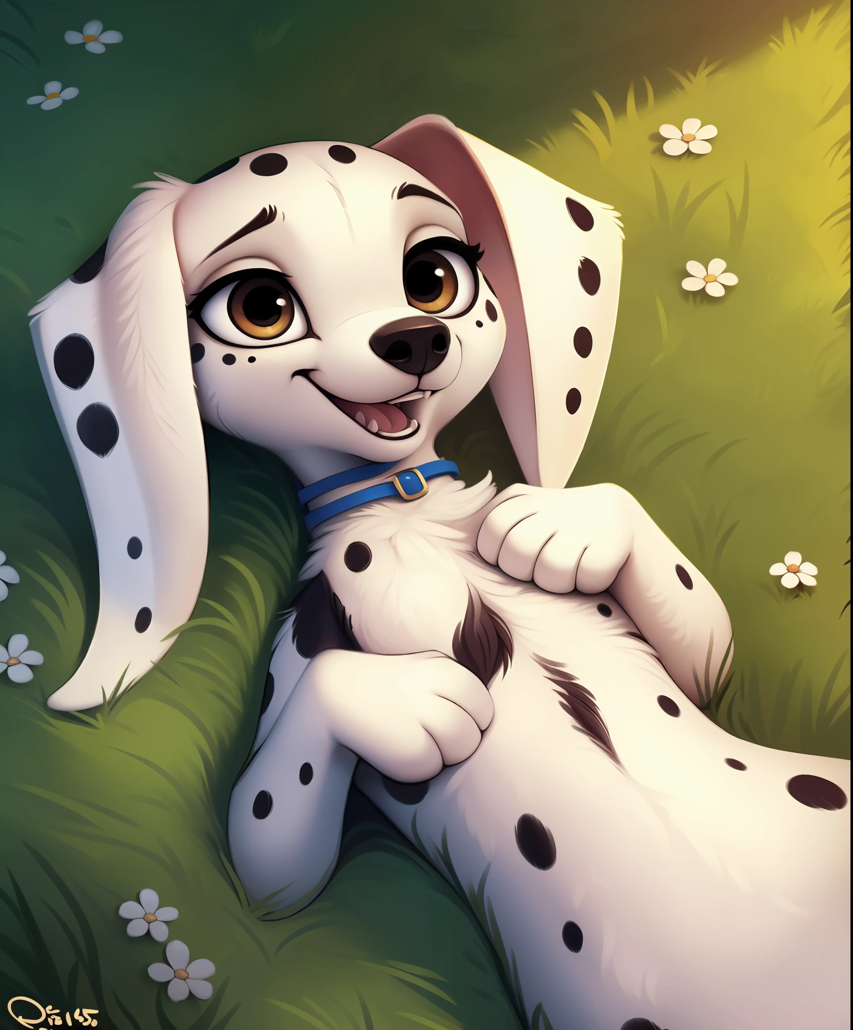 furry, (feral:1.2), (solo) female, detailed, (dolly (101 dalmatians)), lies on the grass, lies on his back
cartoon, vector art, by qupostuv35, by siroc, by photonoko, by personalami, by f-r95, by diives