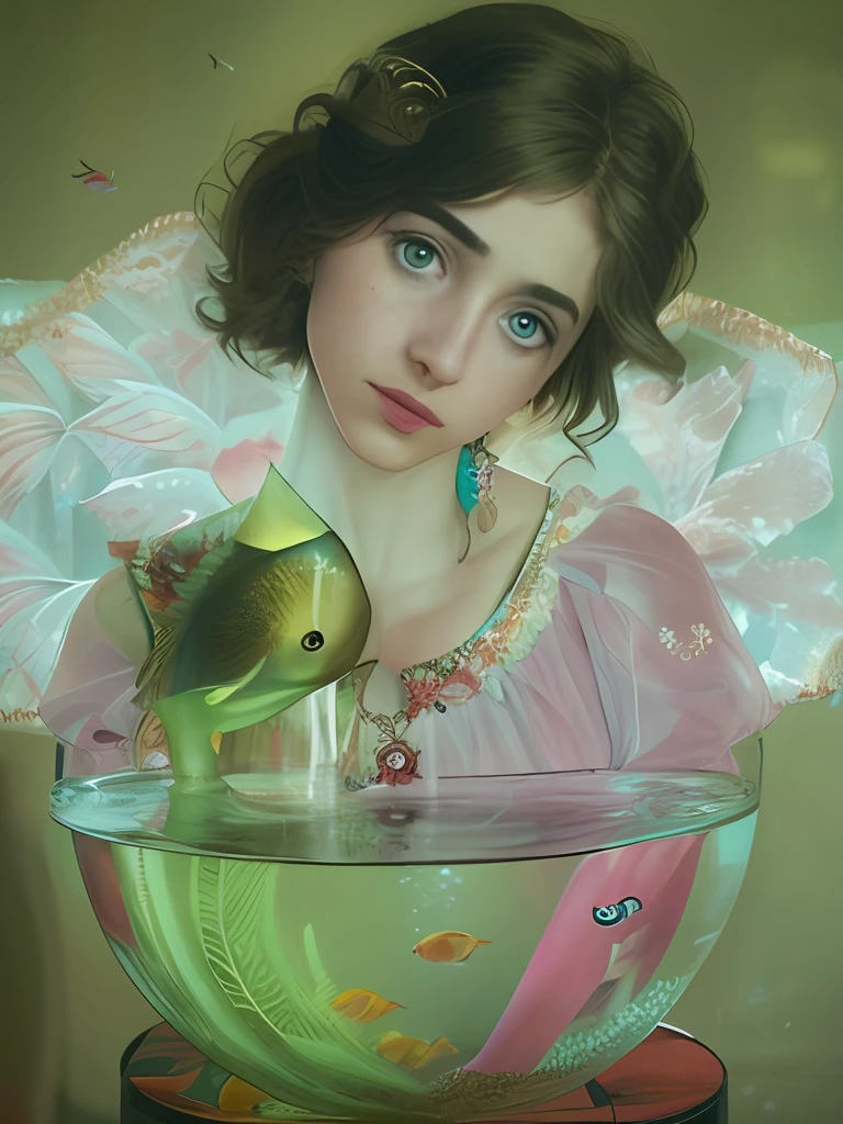There was a woman sitting in a fish tank, natalia dyer, Inspired by Elsa Bleda, petra collins and mc. Escher, charlie bowater, monia merlo, yael shelbia, inspired by irakli nadar, alexandra fomina, author:Natalie Ratner, inspired by Oleg Oprisco, author:Zofia Strijanska
