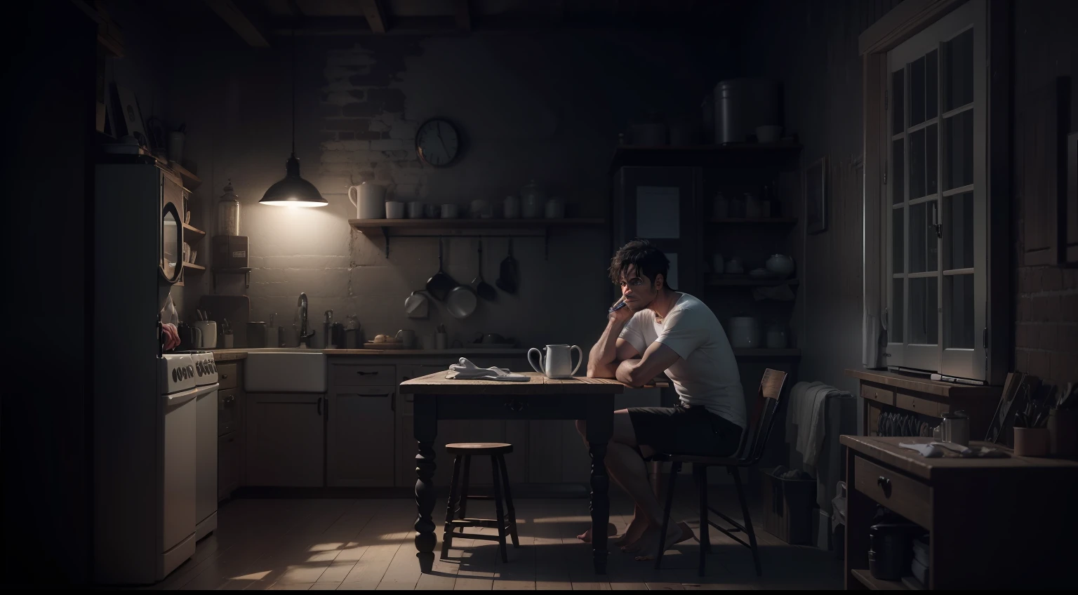 ultra realistic, 8k, image of a 37 year old man, short black hair, dressed in a simple white t-shirt and black shorts, sad and with tears in his eyes sitting on a chair in a dark and humble kitchen of a farmhouse, night , completely dark environment