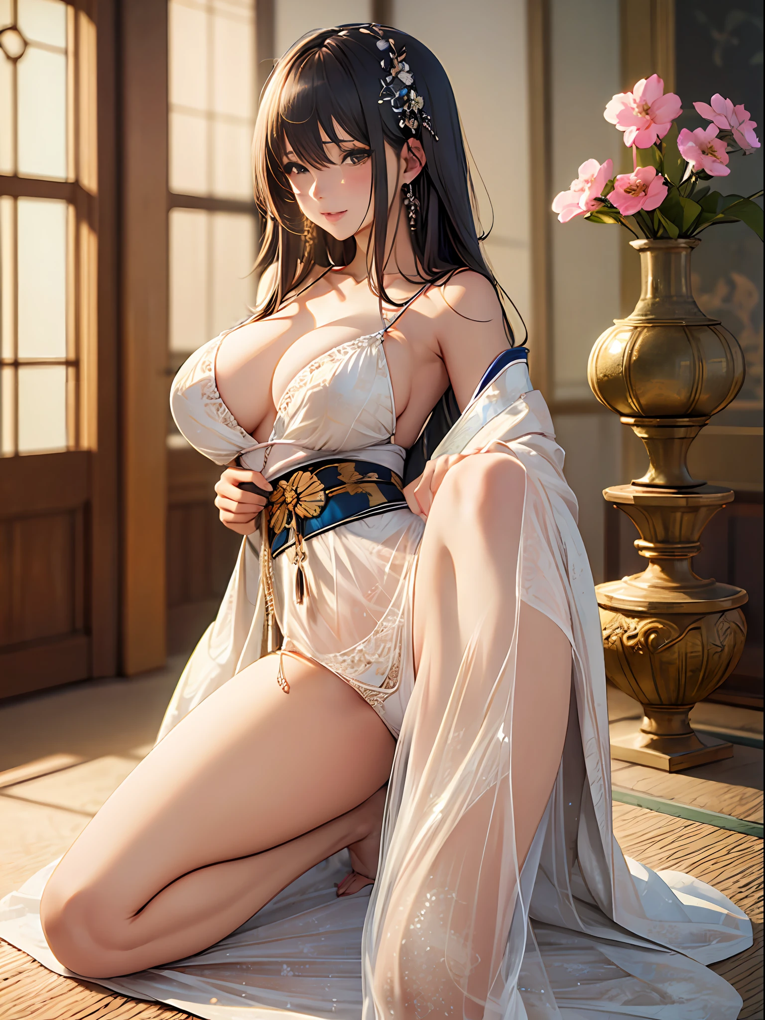 (Enrich the picture,Masterpiece level quality)Beautiful 8K CG artwork,Goddess-like posture,Kneeling exercise,Slim and soft,Translucent skin,Black hair、The beauty of extra-long hair, Super Long Straight Hair,The skin is fair and juicy,Big breasts Japan kimono,Perspective Part 1.2x enhanced silhouette effect,Exquisite transparent blues pattern in pajamas,The details are intricate and exquisite,The background is slightly blurred,Charming and lustful leg seduction,Drool,Large H cups,Blush,