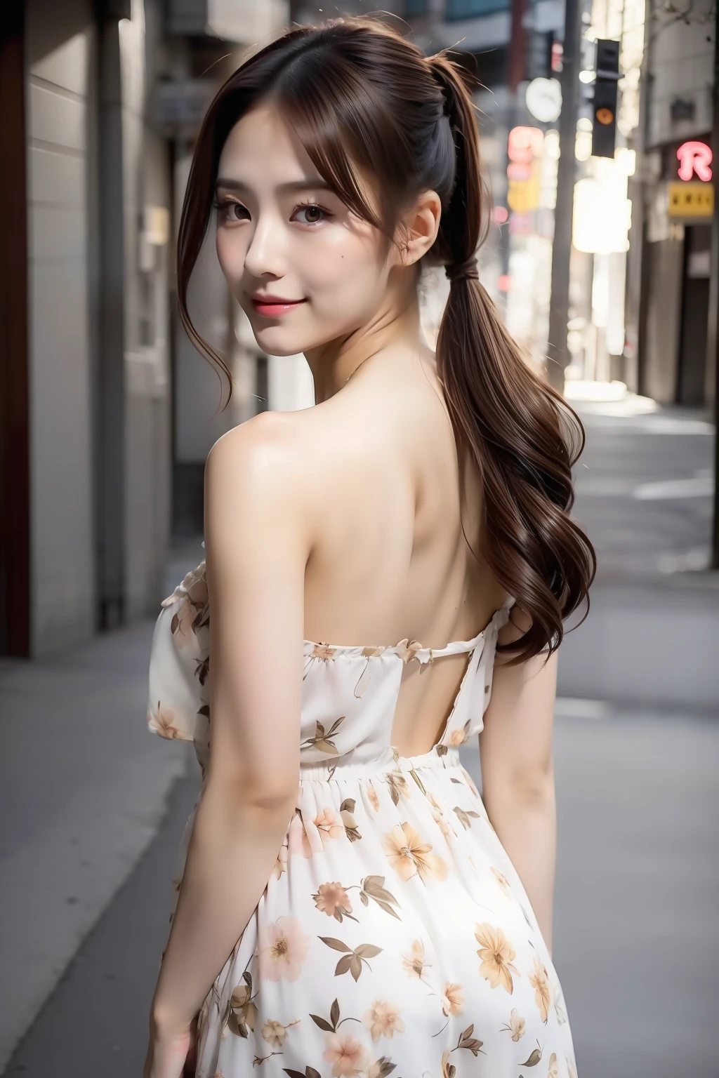 （1girll:1.0），(8K, Best quality, tmasterpiece),ultra - detailed, adolable, 独奏, cute Japan woman,brown  hair,By bangs, long whitr hair, pony tails,Beautiful and delicate eyes,Eyes speak， Moisturizes skin，美丽细致的眼睛,（（mediumsize roundbreast，Floral dress：1.4））， head straight-looking at viewer：1.8， （Bokeh）， ssmile：1.2，Fashion model pose，Close-up of woman in floral dress on city street, Sexy girl, Japanese goddess, Japanese model, Beautiful Asian girl, Asian girl, Lovely woman, Korean girl, beautiful Korean women, showing her shoulder from back, 2 4 year old female model, Yoshitomo Nara, Chinese girl, gorgeous chinese models