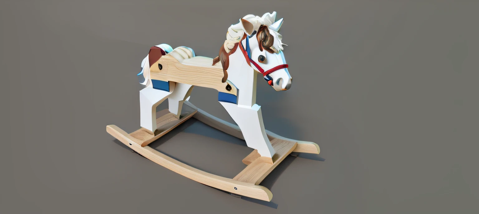 There is a wooden rocking horse，There is a brown and white horse on it, toy design, 3 d model, 3D model, cavalos, 2 d render, 3 d models, 3 d model, depicted as a 3 d render, Wooden, Pony, 3 days small pet shop horse, ride horse, no gradien, modeled in 3 d, kids toy