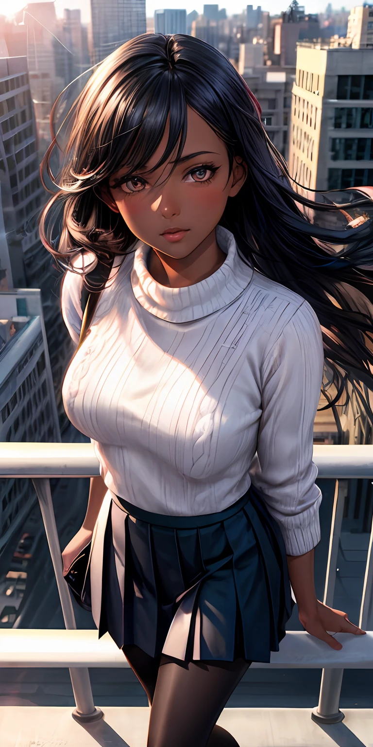 masterpiece, best quality, ultra-detailed, photorealistic, illustration,(1girl) dark skin, black hair, beautiful detailed eyes, rooftop, (sunlight:1.2), (from above:1.1), leaning against railing, wind blowing hair, city, medium breasts, sweater, blush, pantyhose, pleated skirt