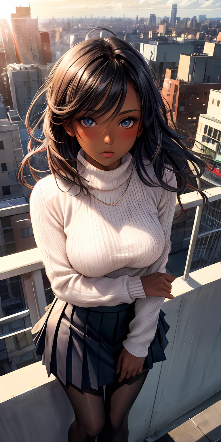 masterpiece, best quality, ultra-detailed, photorealistic, illustration,(1girl) dark skin, black hair, beautiful detailed eyes, rooftop, (sunlight:1.2), (from above:1.1), leaning against railing, wind blowing hair, city, medium breasts, sweater, blush, pantyhose, pleated skirt