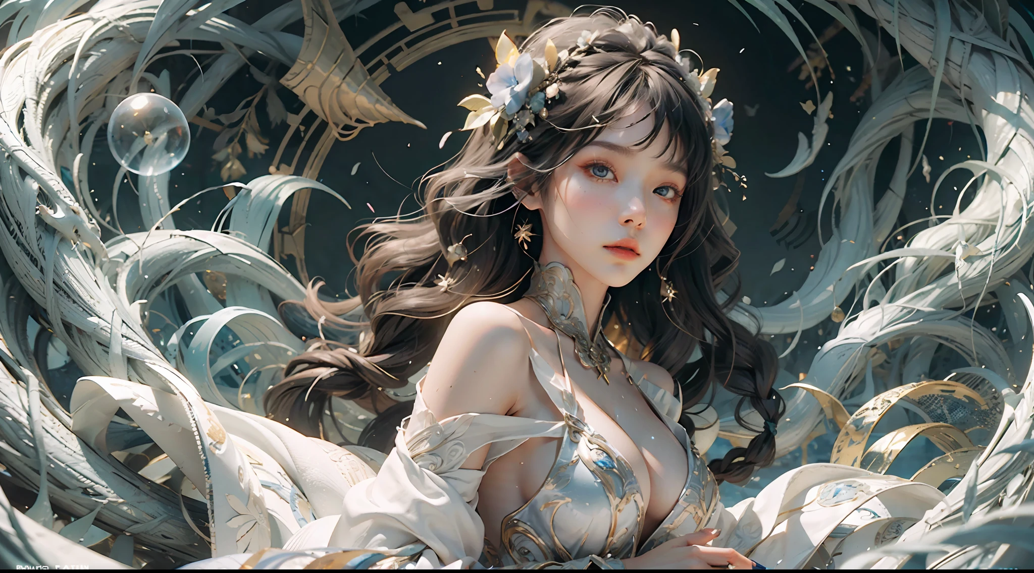 Kizi, 18yr old, little breast, wears a white dress, flowing robe, Exquisite dress decoration, floated hair, glowing hairs, hair adornments, light in face, Intricate magic circles, Glowing runes, A flashing halo, Strong focus, arcane spell, Crackling energy, Suspended artifacts, Ethereal staff, Swirling mist, sparkling motes, Mysterious crystals, glowing symbols, Complex hand movements, Otherworldly chanting, Mysterious symbol, Powerful summoning, Transcendental consciousness, shift dresses, (under the water:1.8), (white dresses, rainbow hair:1.55), (((water bubbles, colorful fish, Beautiful coral life))), (Detailed fabrics, detailed ornaments:1.4), fanciful, The hairstyle model is braids by side, The posture is the lying down position, Sharp green, The shooting angle is RIM lighting, The time is Rim Light, BREAK is ultra-realistic, Complex design, insanely details, extremely fine detail, Extremely clear lines,cinmatic lighting,photograph realistic,Detailed drawings by Esao Andrews and Anton Fadeev,RAW photogr,high detal,8k,UHD,digital SLR camera,softlighting,HDR,warm lights,high qulity,filmgrain,Fujifilm XT3,realisticlying,tmasterpiece,best qualtiy,hyper-detailing,8K,warm lights,gentle illumination,tmasterpiece,best qualtiy,A detailed,HighestQuali,hyper-detailing,A high resolution,Movie light,Splendid and colorful, Out of focus, RAW photos, art portrait, hoang lap, hight contrast, rich colourful, highest details,