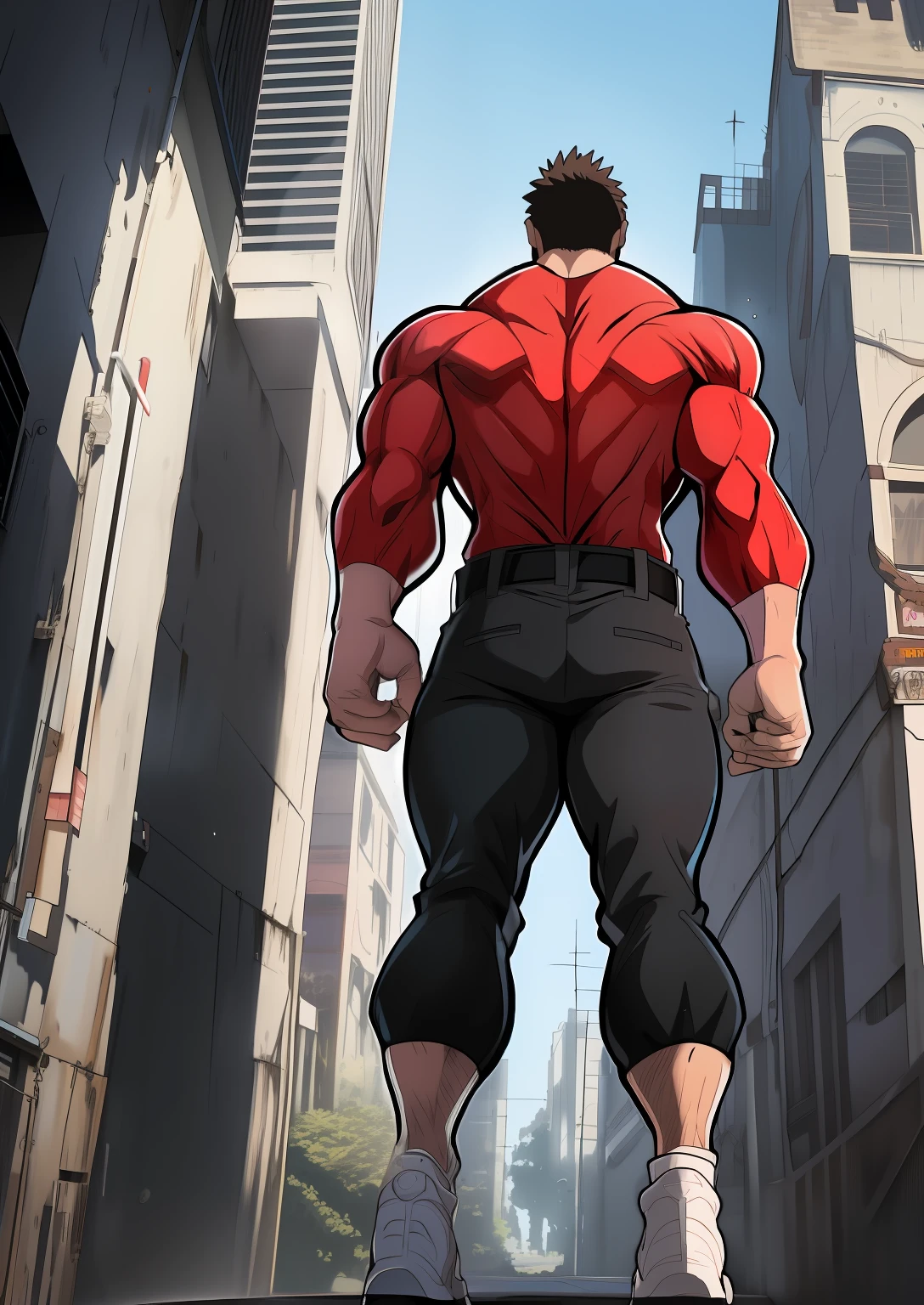 Generate anime-style art with a high-angle shot of a muscular male character with his body with his back to the camera, THE CHARACTER IS STANDING ON TOP OF A TALL BUILDING, O protagonista deve ter um corpo extremamente musculoso, muito alto, semelhante ao de um fisiculturista. O personagem deve ter o cabelo bem curto com franja marrom escuro e deve estar usando camiseta manga comprida vermelha, with a black pants and a belt and should be wearing a white sneaker . A imagem deve retratar o corpo inteiro do personagem, com foco em sua postura intimidadora. The protagonist must exude strength and dominance, displaying a powerful presence. A cena deve apresentar apenas o personagem musculoso, THE CHARACTER MUST BE ON TOP OF A BUILDING SHOWING A LARGE CITY BELOW HIM