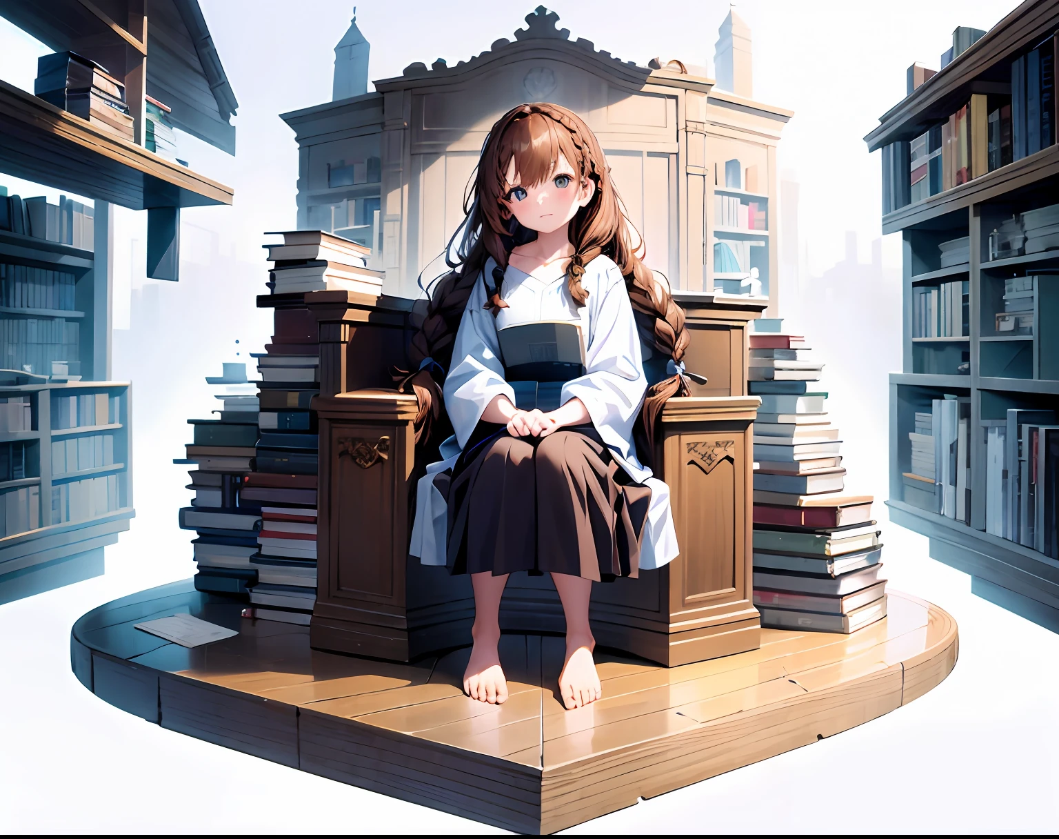 [(sky background:1.5),::5] (isometric:1.0), double exposure, bubble,
mid shot, full body,
//
[(white background:1.4),::10],
//
book, bookshelf, brown_hair, open_book, braid, solo, 1girl, long_hair, blue_eyes, collarbone, long_sleeves, book_stack, chair
