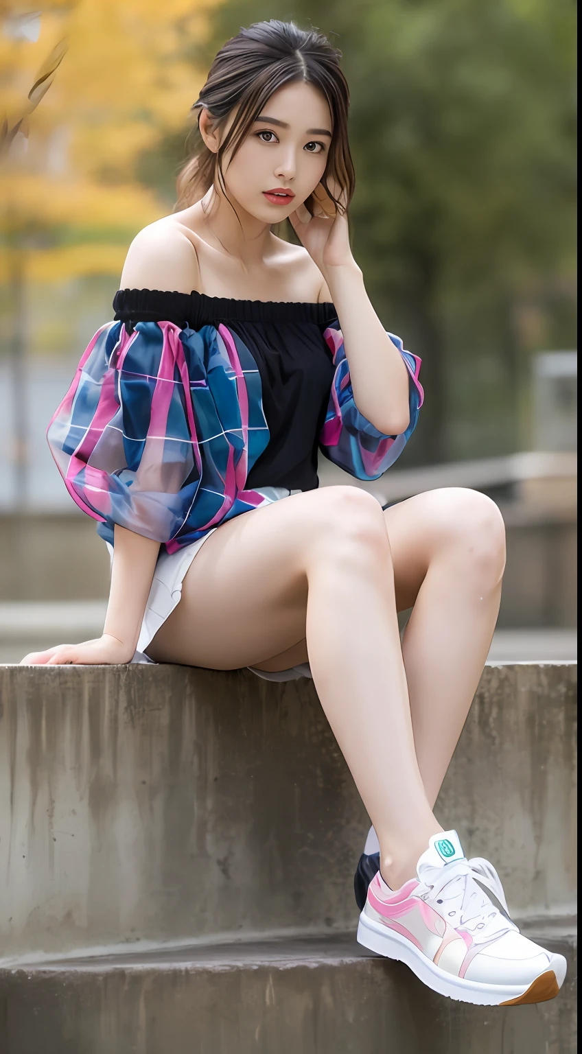 ((Best picture quality, 8K, tmasterpiece:1.3)), 1girll, Casual hairstyle, (off-shoulder blouse,Short pleated skirt:1.3),(wet see through clothes:1.4),Ultra-fine face, A detailed eye, 二重まぶた,(long leges:1.4),(athletic sneakers:1.3)Erlang legs,Sit on a high platform