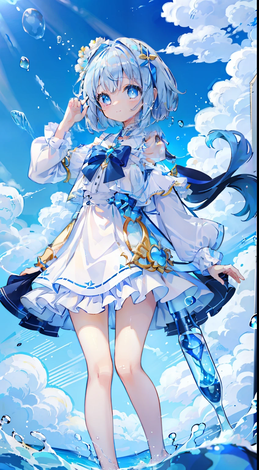 One girl、​masterpiece、top-quality、Light blue bar ice、Top image quality、blue-sky、beautiful blue sky、Into the cloud、silber hair、bob cuts、blue eyess、smil、Air bubble、splash water、Looking at the camera、Summer light