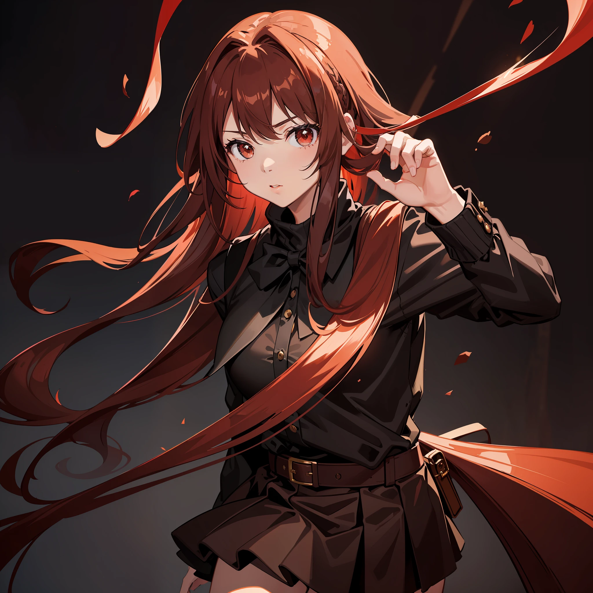 Masterpiece, Best quality, A high resolution, A high school girl wears a long ponytail,red hairband,Chocolate colored hair,Wearing a black vest,Brown coat,Short brown skirt,The background is the wilderness