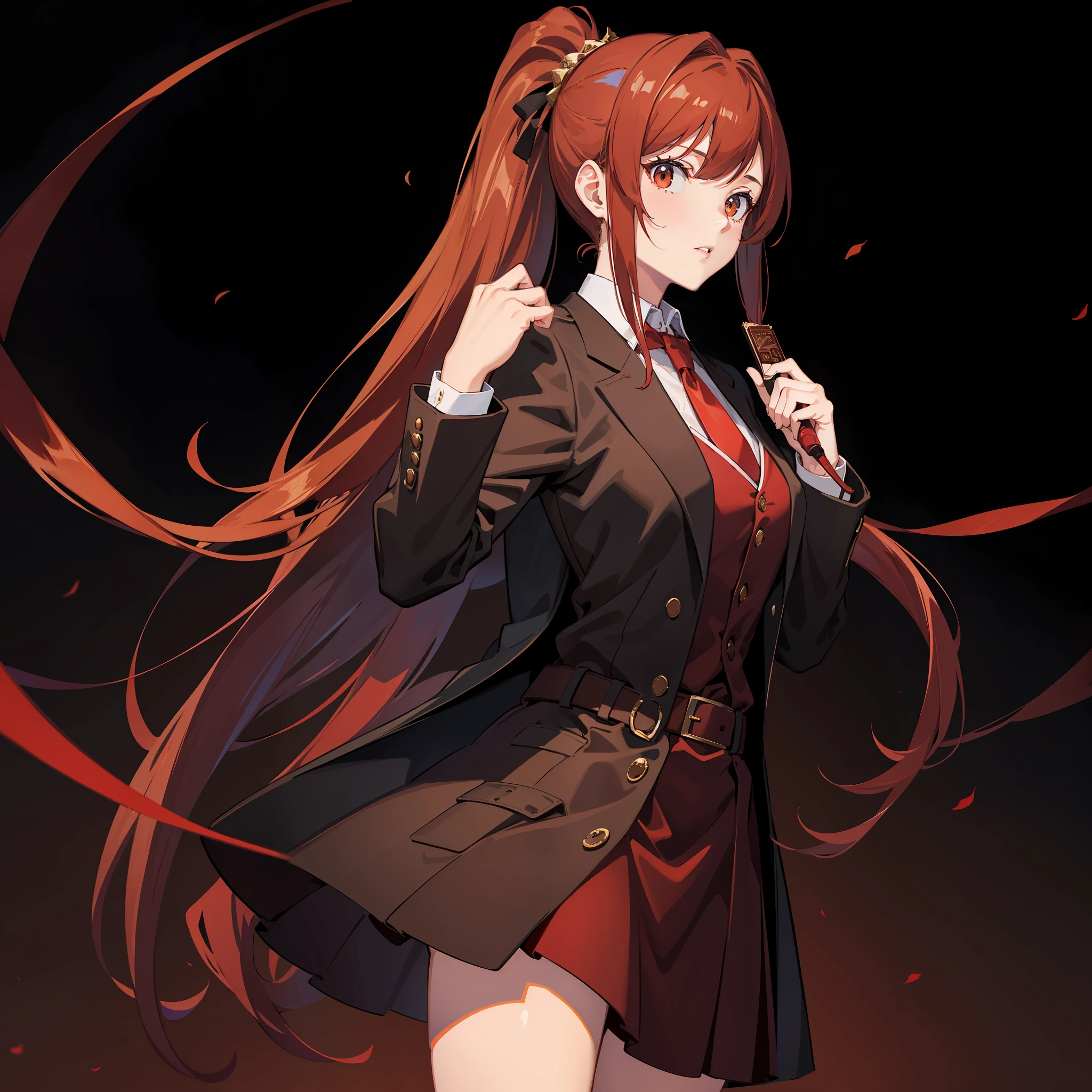 Masterpiece, Best quality, A high resolution, A high school girl wears a long ponytail，red hairband，Chocolate colored hair，Wearing a black vest，Brown coat，Short brown skirt，The background is the wilderness