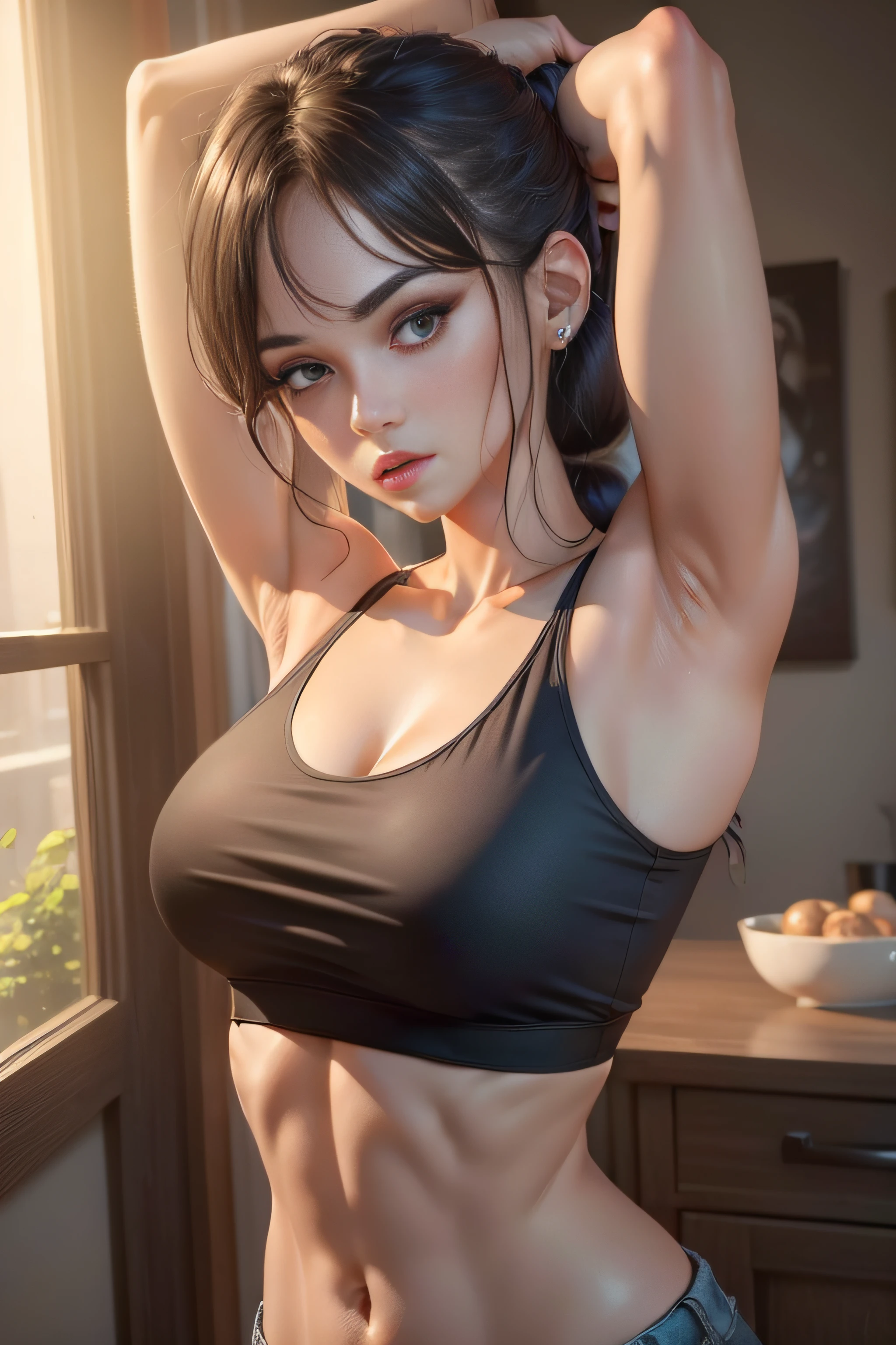 ((Best quality, 8k, Masterpiece :1.3)), 1girl, Pretty woman with emphasizing slender abs :1.3, (random hairstyles :1.2), Oversized tank top :1.2, Ultra-detailed face, Detailed eyes, Double eyelid, armpit
