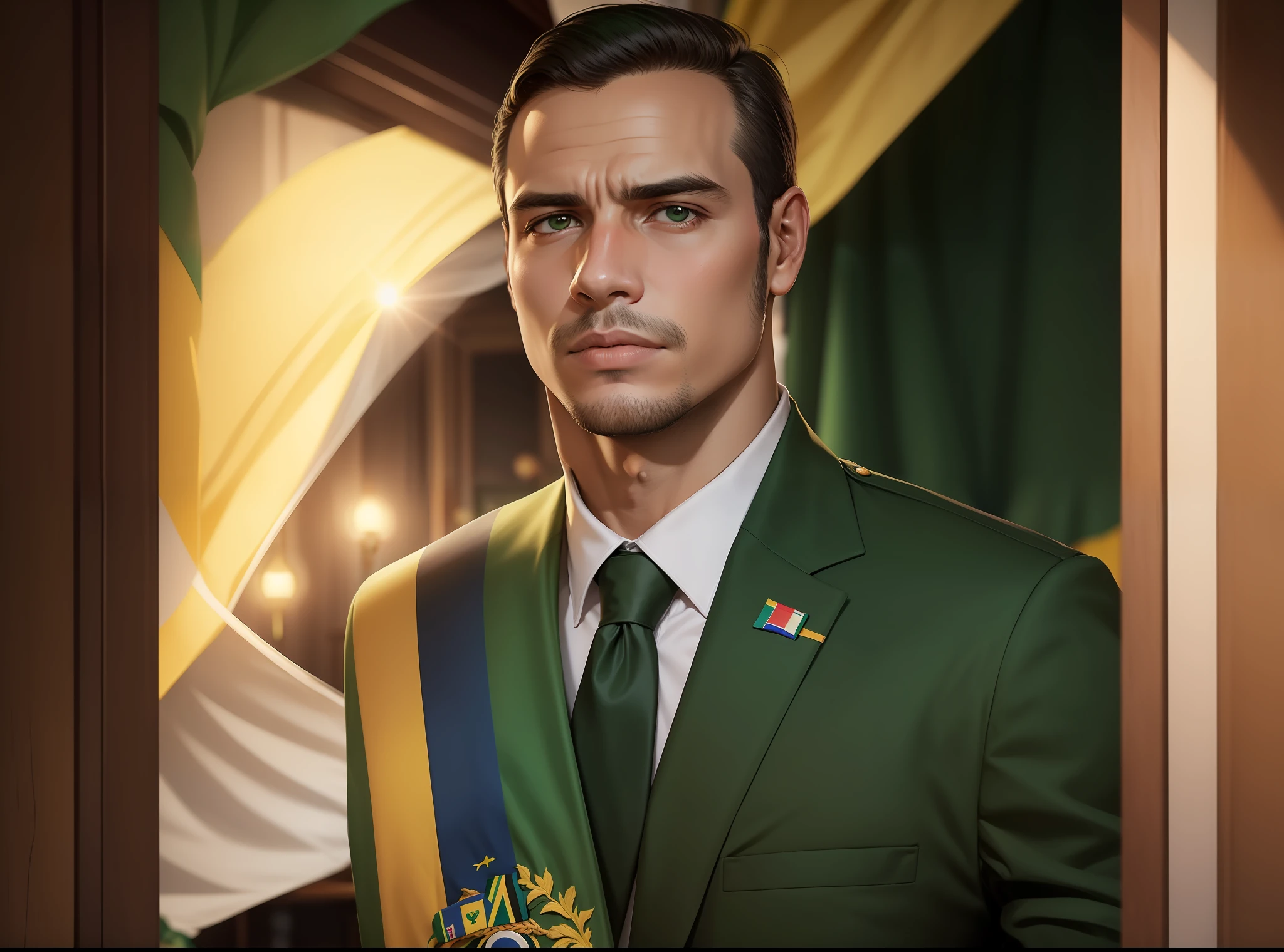 Jovem de 27 anos Presidente do Brasil forte nacionalista convicto com faixa de presidente verde e amarelo e terno preto
