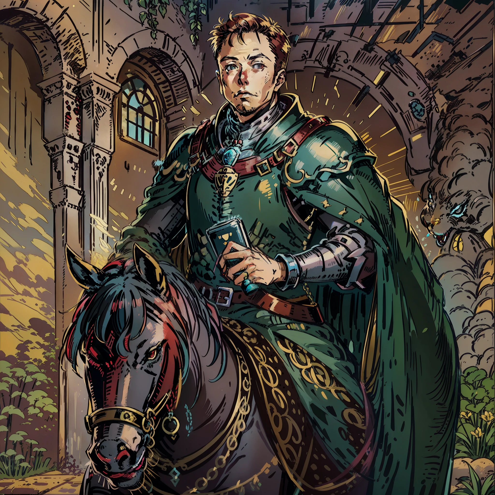 Elon musk look a like, cavalo, Personagem de RPG, fantasia medieval, fechar retrato, Armadura preta, castelo de fundo