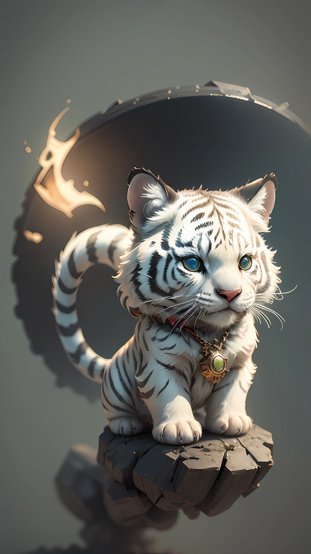 cute tiny hyperrealistic white tiger with different color eyes waring a necklace, Chibi, adorable and fluffy, logo design, cartoon, cinematic lighting effect, charming, 3D vector art, cute and quirky, fantasy art, bokeh, hand-drawn, digital painting, soft lighting, isometric style, 4K resolution, photorealistic rendering, highly detailed clean, vector image, photorealistic masterpiece, professional photography, simple space backdrop, flat white background, isometric, vibrant vector