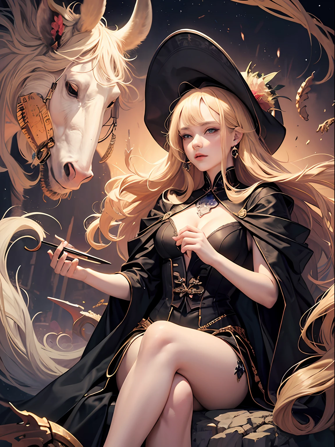 offcial art,统一 8k 壁纸,ultra - detailed,Beauty and aesthetics,tmasterpiece,best qualtiy,(zentangle,datura,Tangles,entangled),(s fractal art:1.3),1girll,The is very detailed,dynamic angle,cow boy shot,The most beautiful form of chaos,elegant,Fauvist design,vivd colour,romanticism lain,James Jean,Robbie Devi Antono,ross tran,Francis Bacon,Michal Mraz,adrian ghenie,petra cortright,Gerhard Richter,Takato Yamamoto,Ashley Wood,Atmospheric,A note of ,streaming musical notes visible,Dazzling flowing long blonde hair,a black cloak