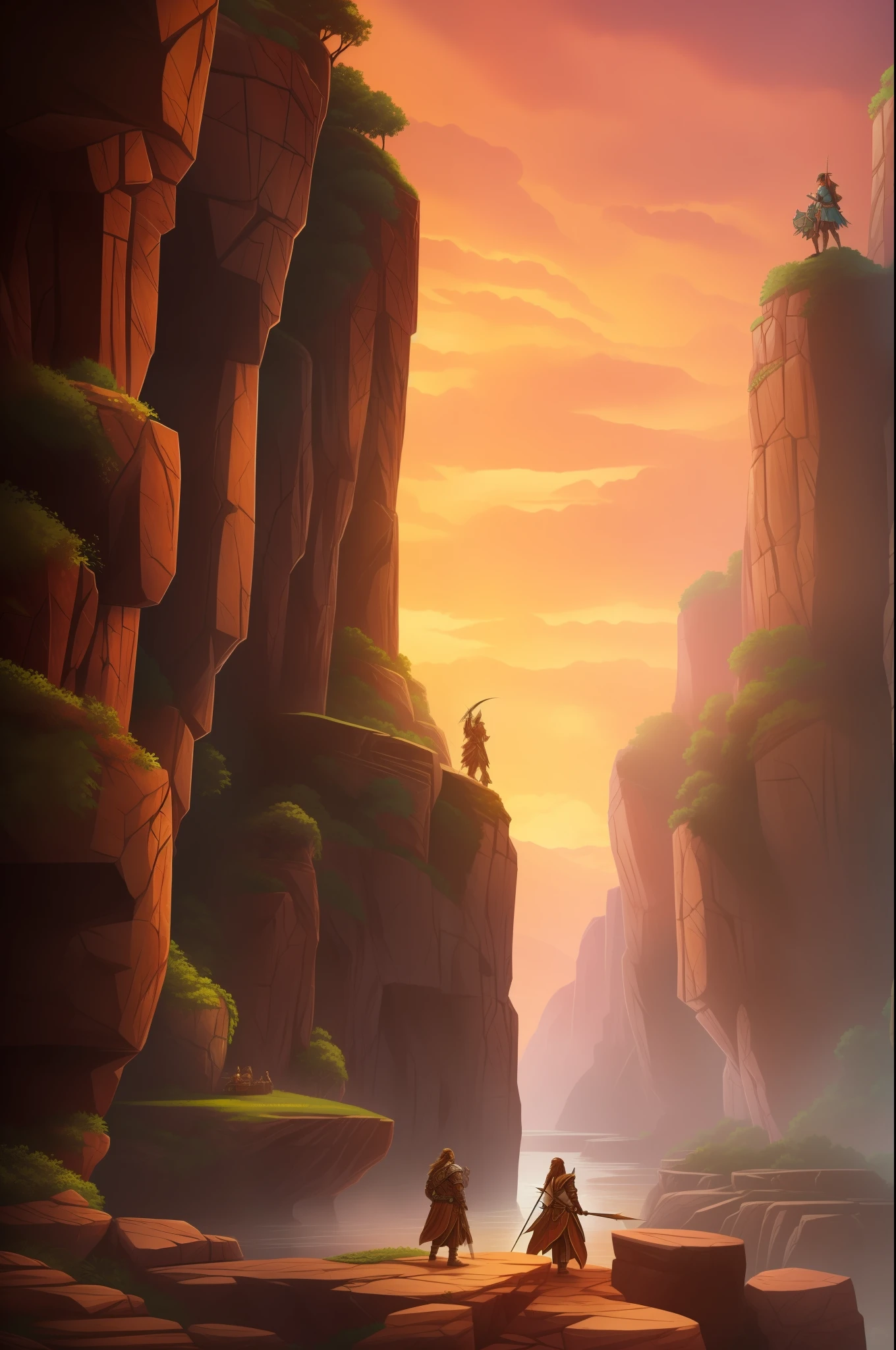 /imagine prompt: In a vast and desolate canyon, seis figuras destemidas enfrentam o horizonte. The Barbarian King, with a serious expression, He holds his axe with calloused hands. The Young Barbarian Woman, com um olhar determinado, empunha seu martelo de batalha com facilidade. The female dwarf queen, com sua longa barba adornada com pedras preciosas, segura seu machado com orgulho. The Elven Ranger, com seu olhar afiado, is ready to shoot your arrow at any time. The Sexy Elven Princess Magician, com olhos brilhantes, emanates magical energy from your hands in a spectacle of lights and colors. O ladino humano, with a shrewd expression, segura suas adagas com destreza enquanto se prepara para a batalha. The canyon has imposing rock walls, com tons de vermelho, marrom e laranja, carved over millennia. The afternoon sky features soft shades of pink and orange, criando uma atmosfera calma e majestosa. Soft lighting enhances the details of the characters and the environment, while each hero's emotional expression shows their determination and courage to face what's to come. The digital illustration is meticulously created with a wealth of detail, resulting in an epic and engaging fantasy scene. (Estilo: digital illustation, --ar 16:9 --v 5)
