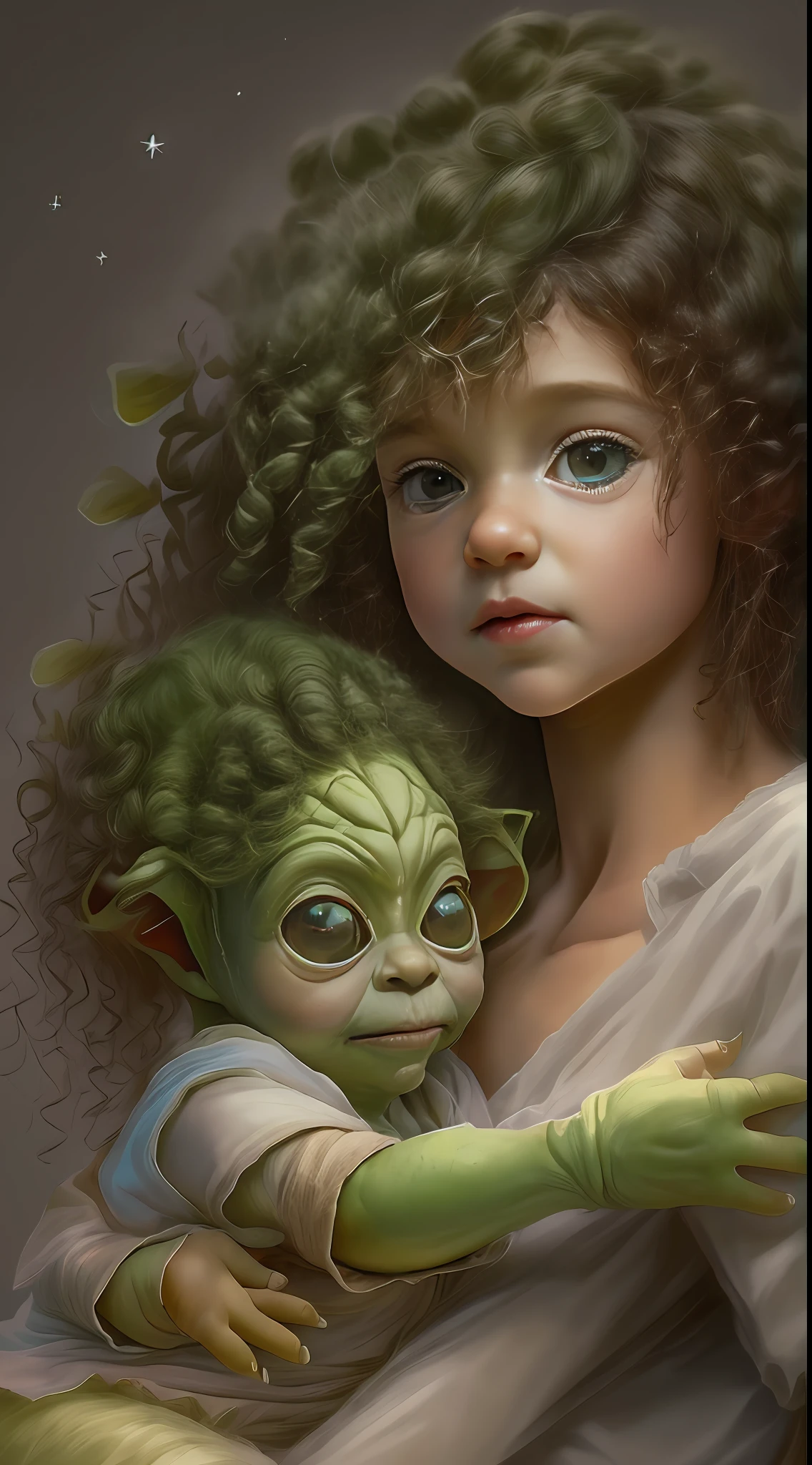 um desenho 3D, ((a beautiful little human girl with curly hair holding a baby_Yodah on his lap), Arte Digital, extremely high-resolution, Very detailed, melhor qualidade, obra prima, arte conceitual, guerra nas estrelas.