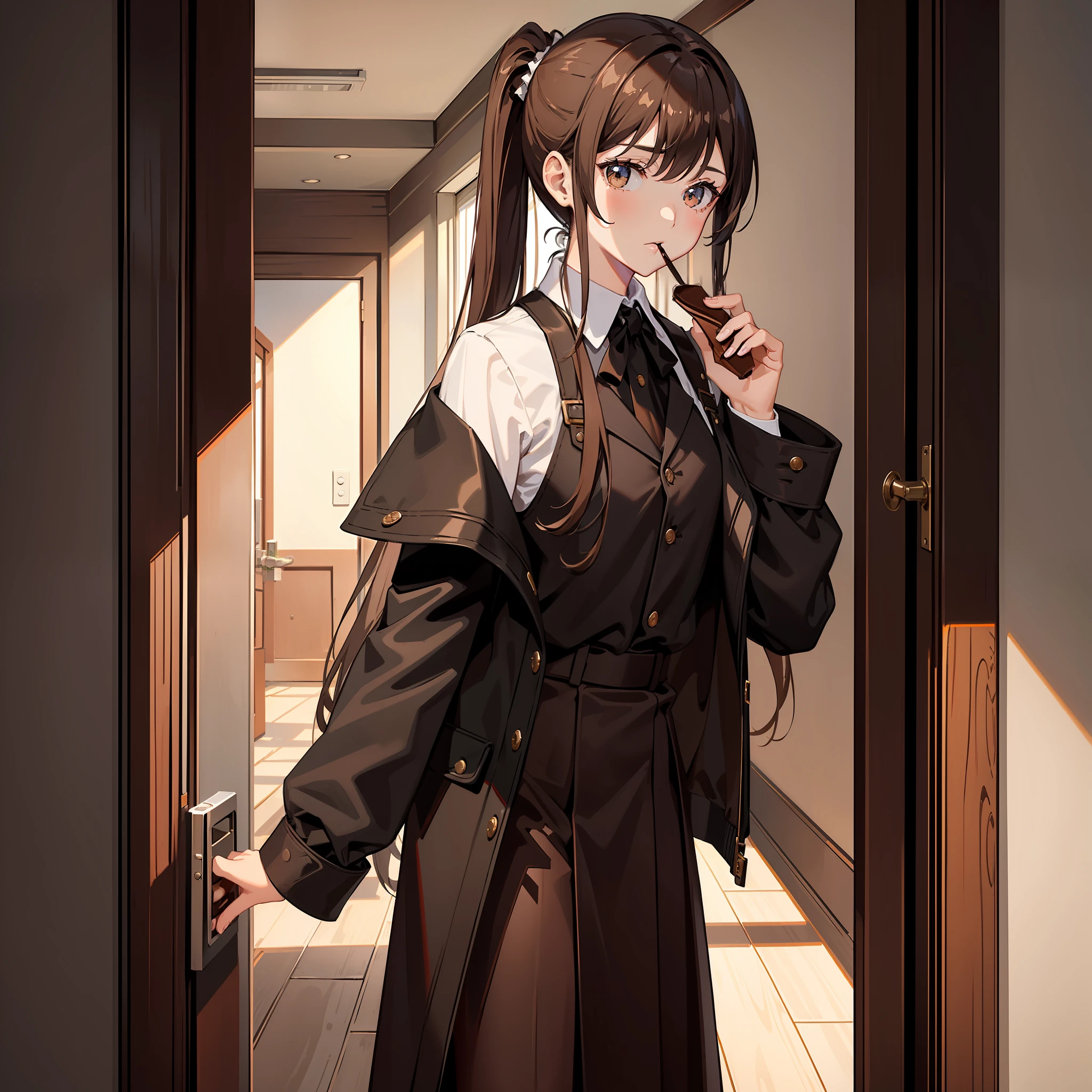 Masterpiece, Best quality, A high resolution, A high school girl wears a long ponytail,Chocolate colored hair,Wearing a black vest,Brown coat,Short brown skirt,Being and with a brown hair,Brown coat,Boy in black pants eats