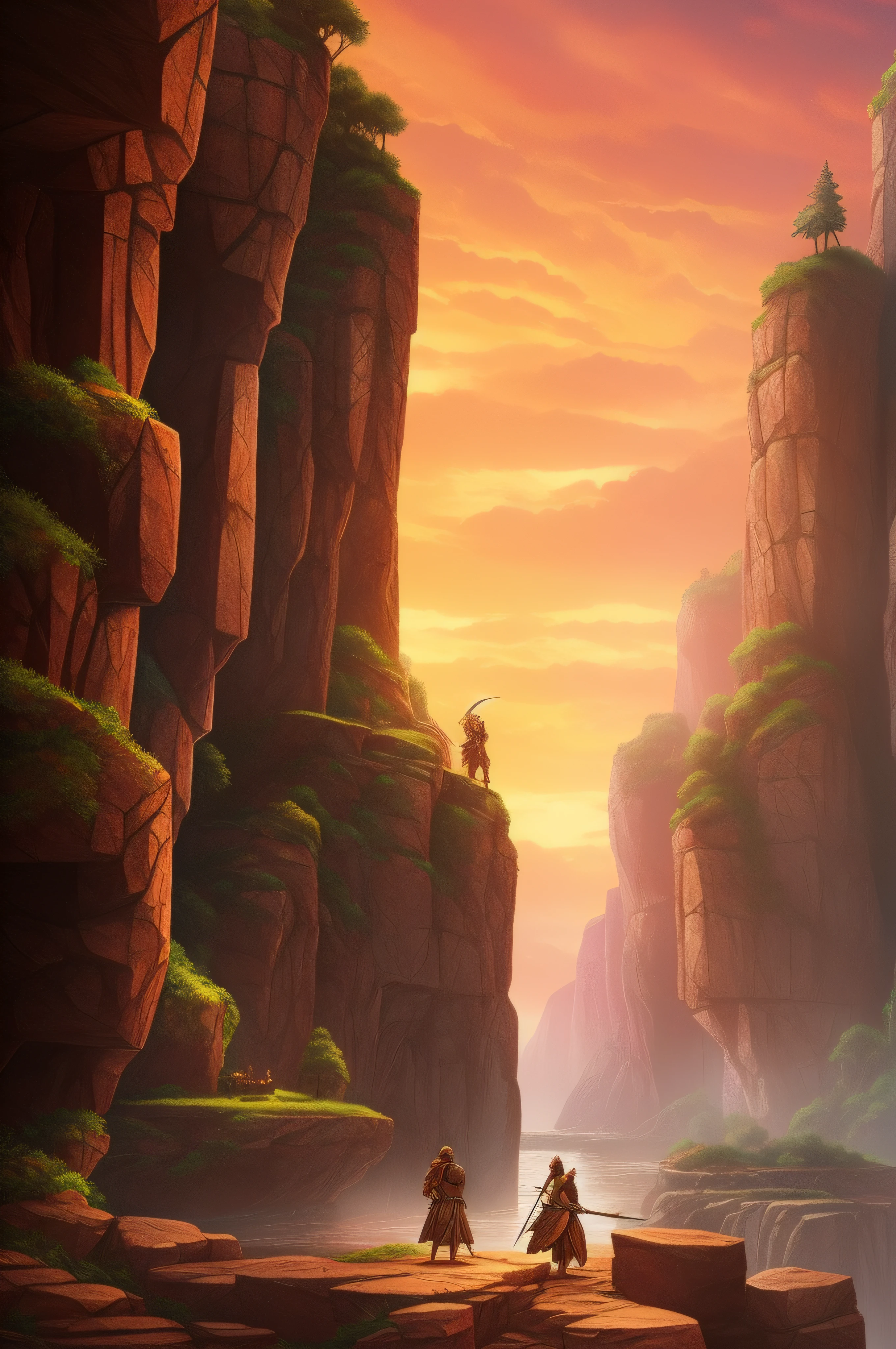 /imagine prompt: In a vast and desolate canyon, seis figuras destemidas enfrentam o horizonte. The Barbarian King, with a serious expression, He holds his axe with calloused hands. The Young Barbarian Woman, com um olhar determinado, empunha seu martelo de batalha com facilidade. The female dwarf queen, com sua longa barba adornada com pedras preciosas, segura seu machado com orgulho. The Elven Ranger, com seu olhar afiado, is ready to shoot your arrow at any time. The Sexy Elven Princess Magician, com olhos brilhantes, emanates magical energy from your hands in a spectacle of lights and colors. O ladino humano, with a shrewd expression, segura suas adagas com destreza enquanto se prepara para a batalha. The canyon has imposing rock walls, com tons de vermelho, marrom e laranja, carved over millennia. The afternoon sky features soft shades of pink and orange, criando uma atmosfera calma e majestosa. Soft lighting enhances the details of the characters and the environment, while each hero's emotional expression shows their determination and courage to face what's to come. The digital illustration is meticulously created with a wealth of detail, resulting in an epic and engaging fantasy scene. (Estilo: digital illustation, --ar 16:9 --v 5)