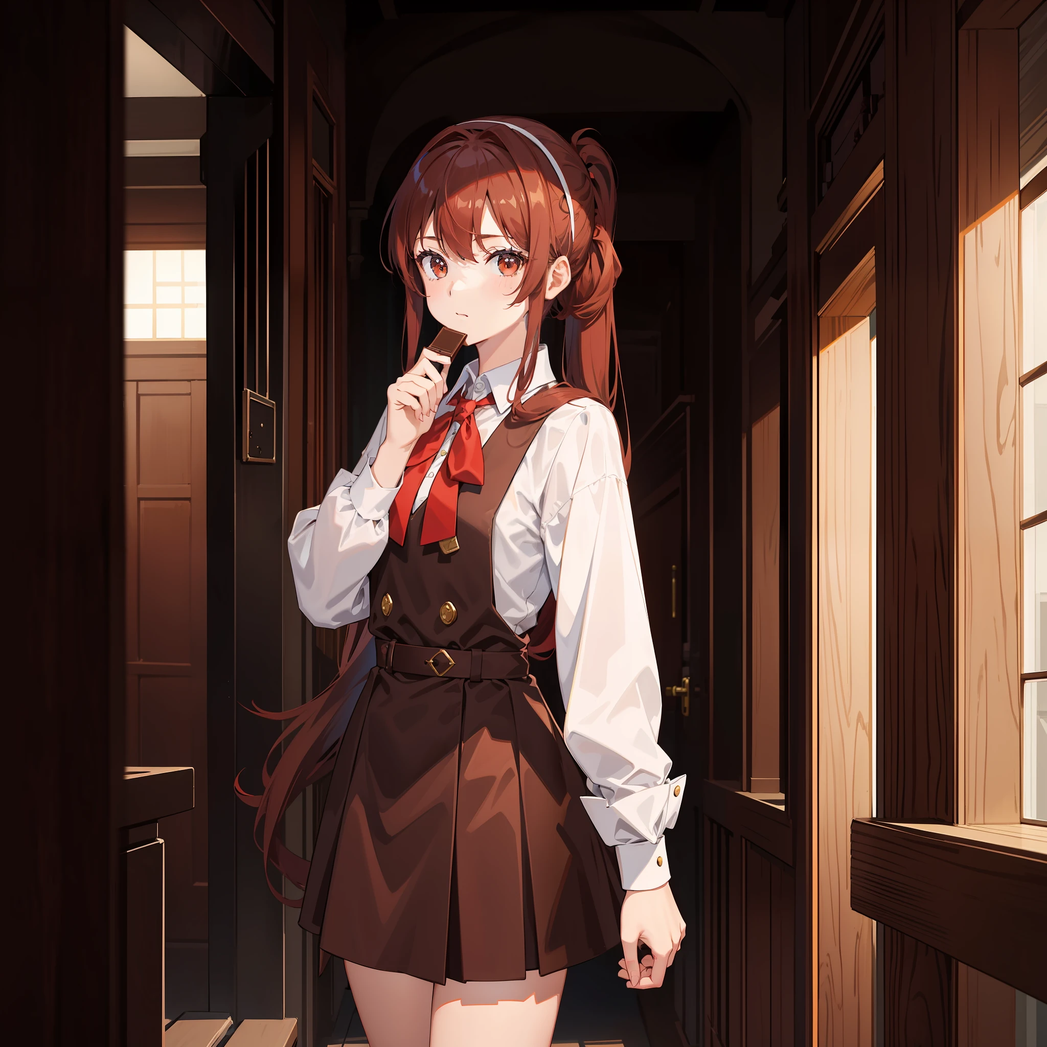 Masterpiece, Best quality, A high resolution, A high school girl wears a long ponytail，red hairband，Chocolate colored hair，Wearing a black vest，Brown coat，Short brown skirt，The background is the wilderness