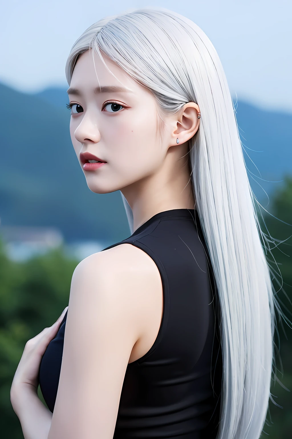 (extra detailed body、extra detailed face、best qualtiy:1.2)、femele、looking at the viewers、(cyborgs、From the back half of the head to the body is an android、makina、White hair、sixteen years old)、(Space in the background:1.4)