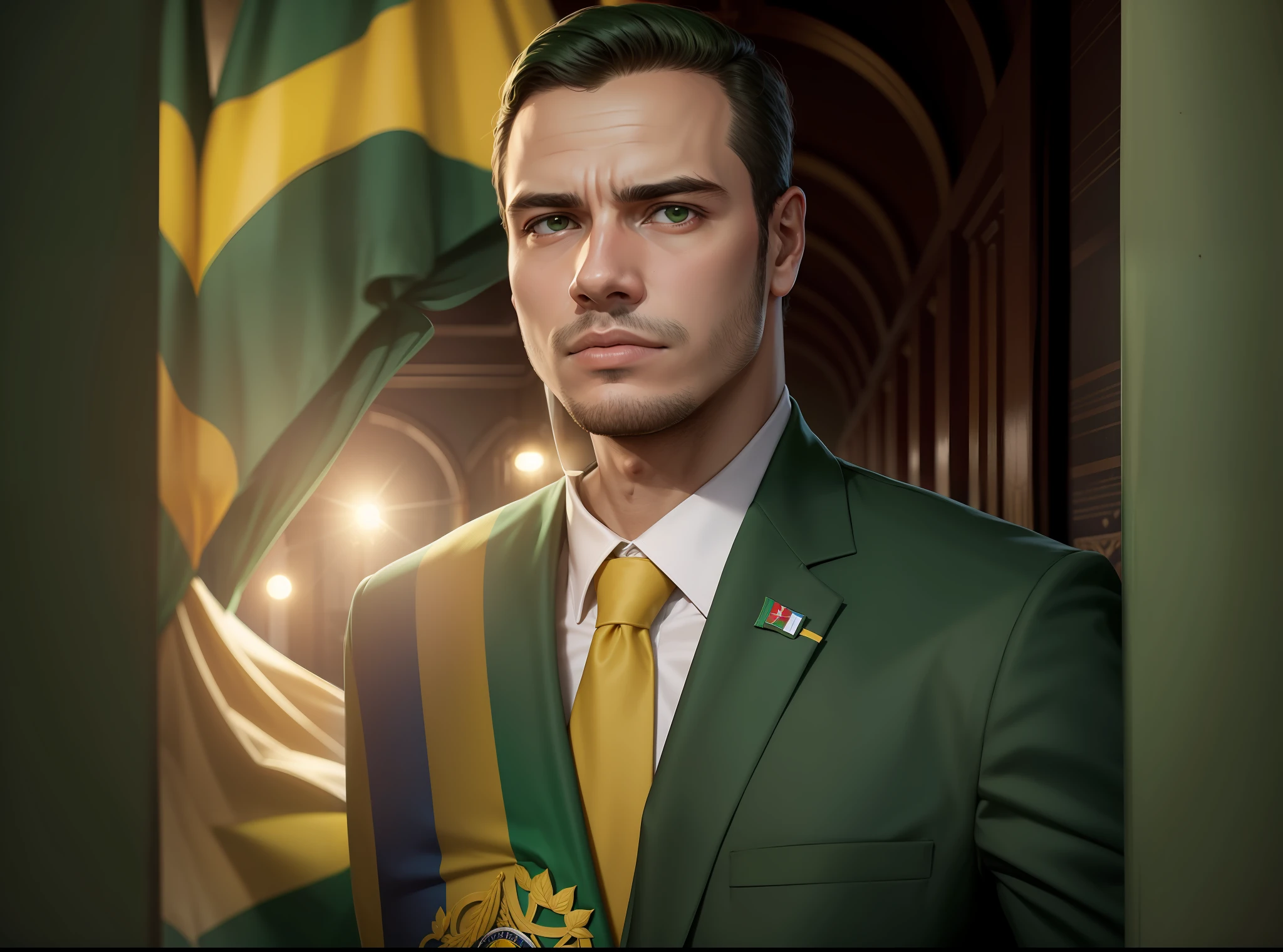 Jovem de 27 anos Presidente do Brasil forte nacionalista convicto com faixa de presidente verde e amarelo
