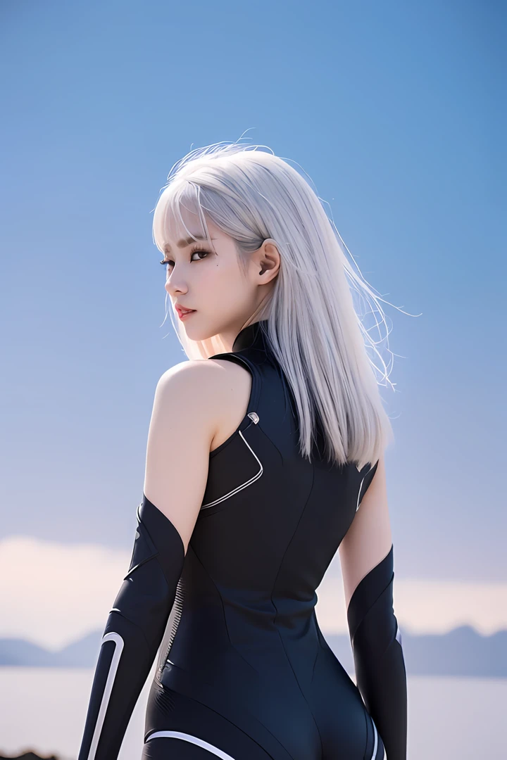 (extra detailed body、extra detailed face、best qualtiy:1.2)、femele、looking at the viewers、(cyborgs、From the back half of the head to the body is an android、makina、White hair、sixteen years old)、(Space in the background:1.4)