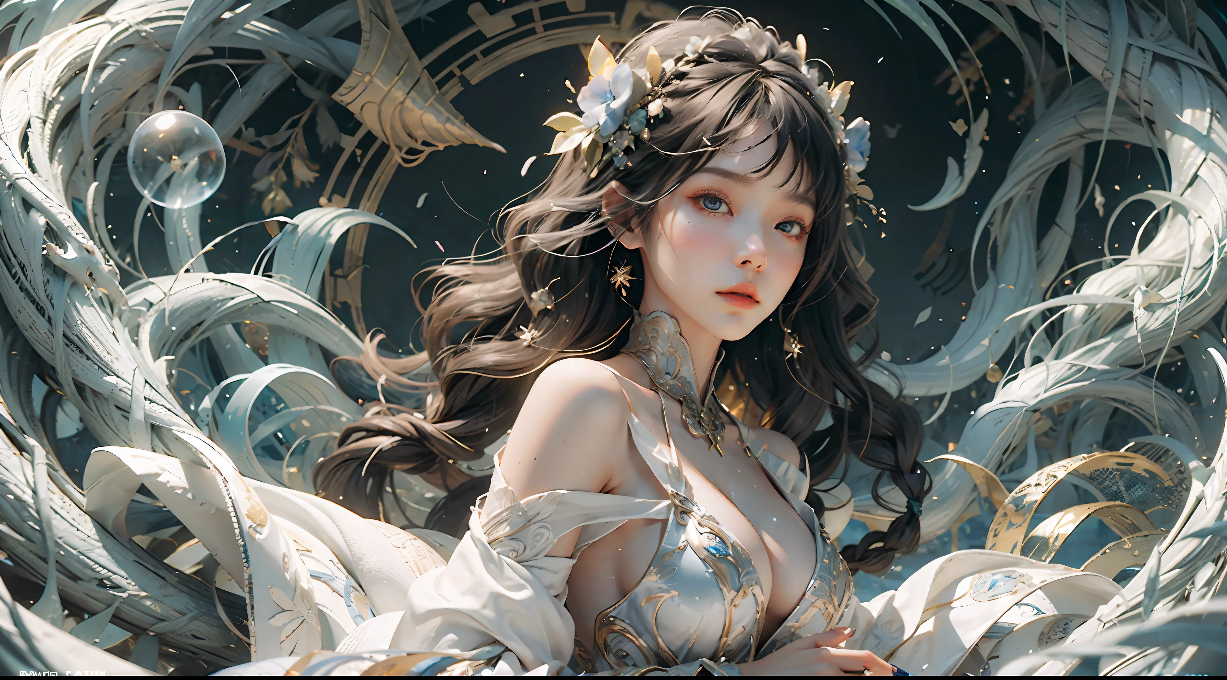 Kizi， 18yr old， little breast， wears a white dress， flowing robe， Exquisite dress decoration， floated hair， glowing hairs， hair adornments， light in face， Intricate magic circles， Glowing runes， A flashing halo， Strong focus， arcane spell， Crackling energy， Suspended artifacts， Ethereal staff， Swirling mist， sparkling motes， Mysterious crystals， glowing symbols， Complex hand movements， Otherworldly chanting， Mysterious symbol， Powerful summoning， Transcendental consciousness， shift dresses， （under the water：1.8）， （white dresses， rainbow hair：1.55）， （（（water bubbles， colorful fish， Beautiful coral life）））， （Detailed fabrics， detailed ornaments：1.4）， fanciful， The hairstyle model is braids by side， The posture is the lying down position， Sharp green， The shooting angle is RIM lighting， The time is Rim Light， BREAK is ultra-realistic， Complex design， insanely details， extremely fine detail， Extremely clear lines，cinmatic lighting，photograph realistic，Detailed drawings by Esao Andrews and Anton Fadeev，RAW photogr，high detal，8k，UHD，digital SLR camera，softlighting，HDR，warm lights，high qulity，filmgrain，Fujifilm XT3，realisticlying，tmasterpiece，best qualtiy，hyper-detailing，8K，warm lights，gentle illumination，tmasterpiece，best qualtiy，A detailed，HighestQuali，hyper-detailing，A high resolution，Movie light，Splendid and colorful， Out of focus， RAW photos， art portrait， hoang lap， hight contrast， rich colourful， highest details，