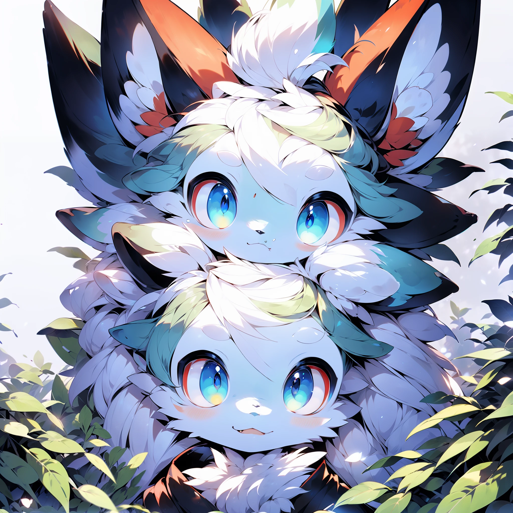 red fox,Canidae,(male people:1.5),(独奏:1.6),Real facial features,largeeyes,((Black sclera:1.6)), blue color eyes,Water spirit eyes,large tail,small-nose,Cute mouth,cute face,White all over,large ear,There was a small tuft of yellow hair on the top of his head,Happy expression,solid color backdrop,Reallightandshadow,Simple painting style background